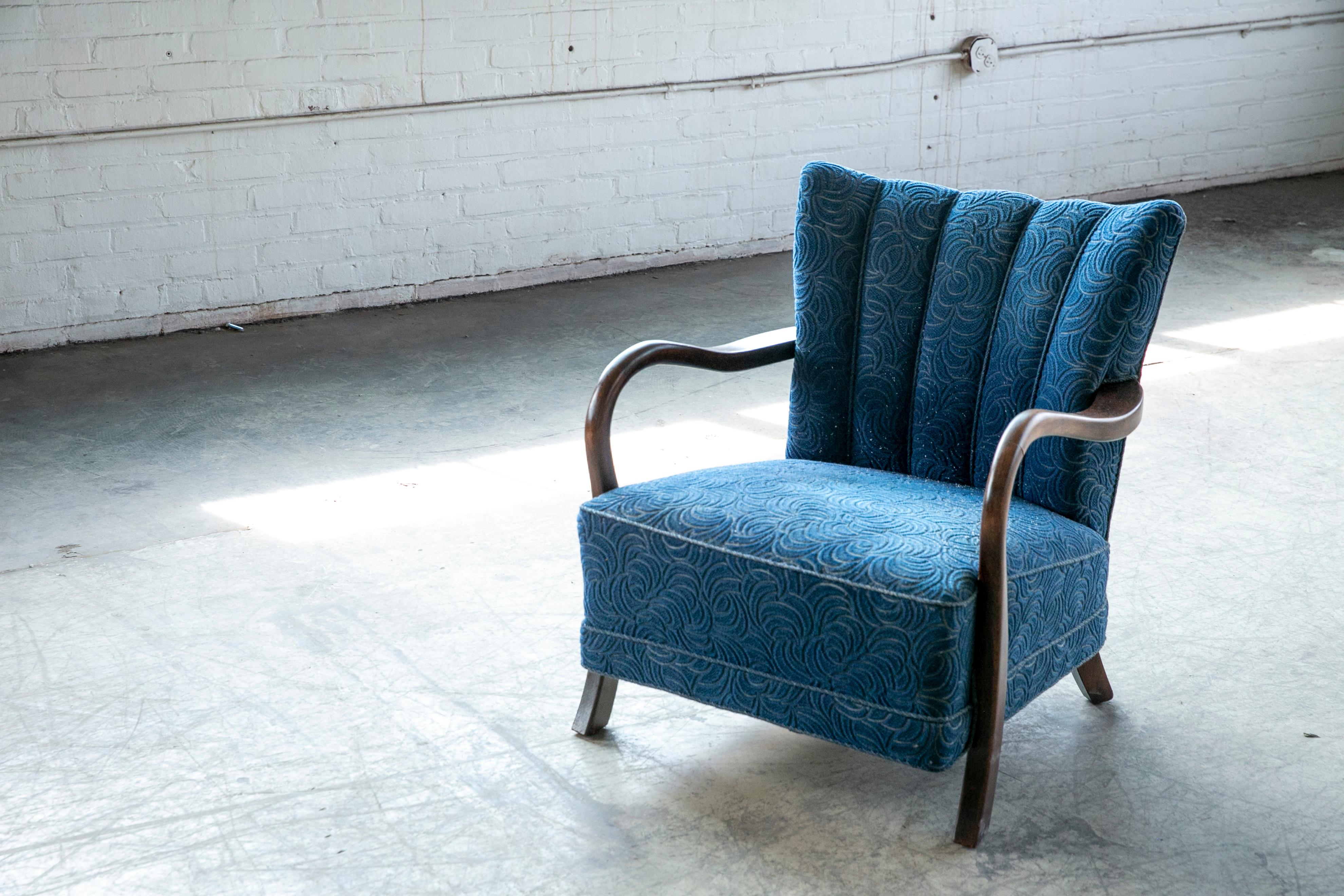 Mid-Century Modern Danish Low Channel Back Easy Chair with Open Armrests 1940's