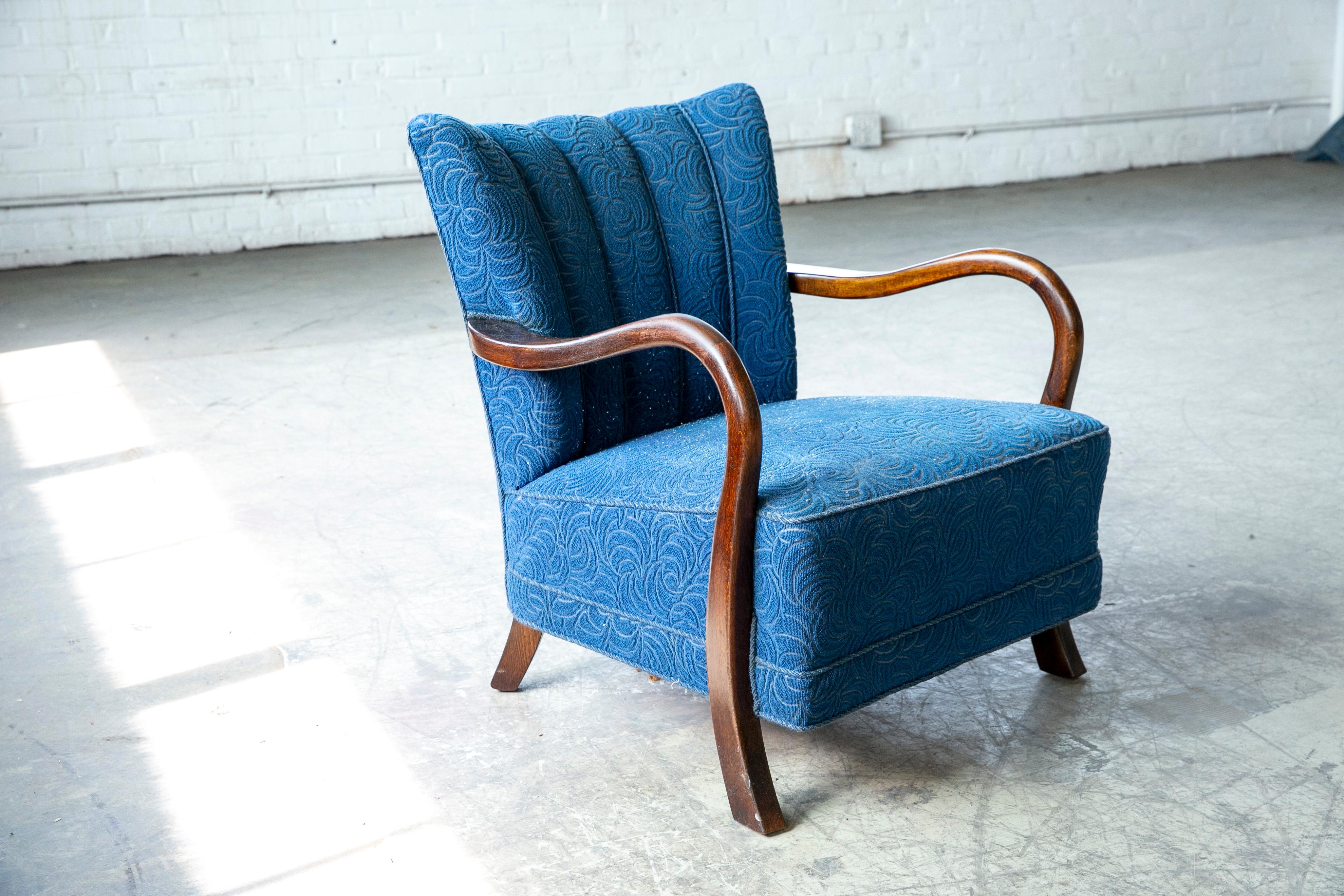 Beech Danish Low Channel Back Easy Chair with Open Armrests 1940's