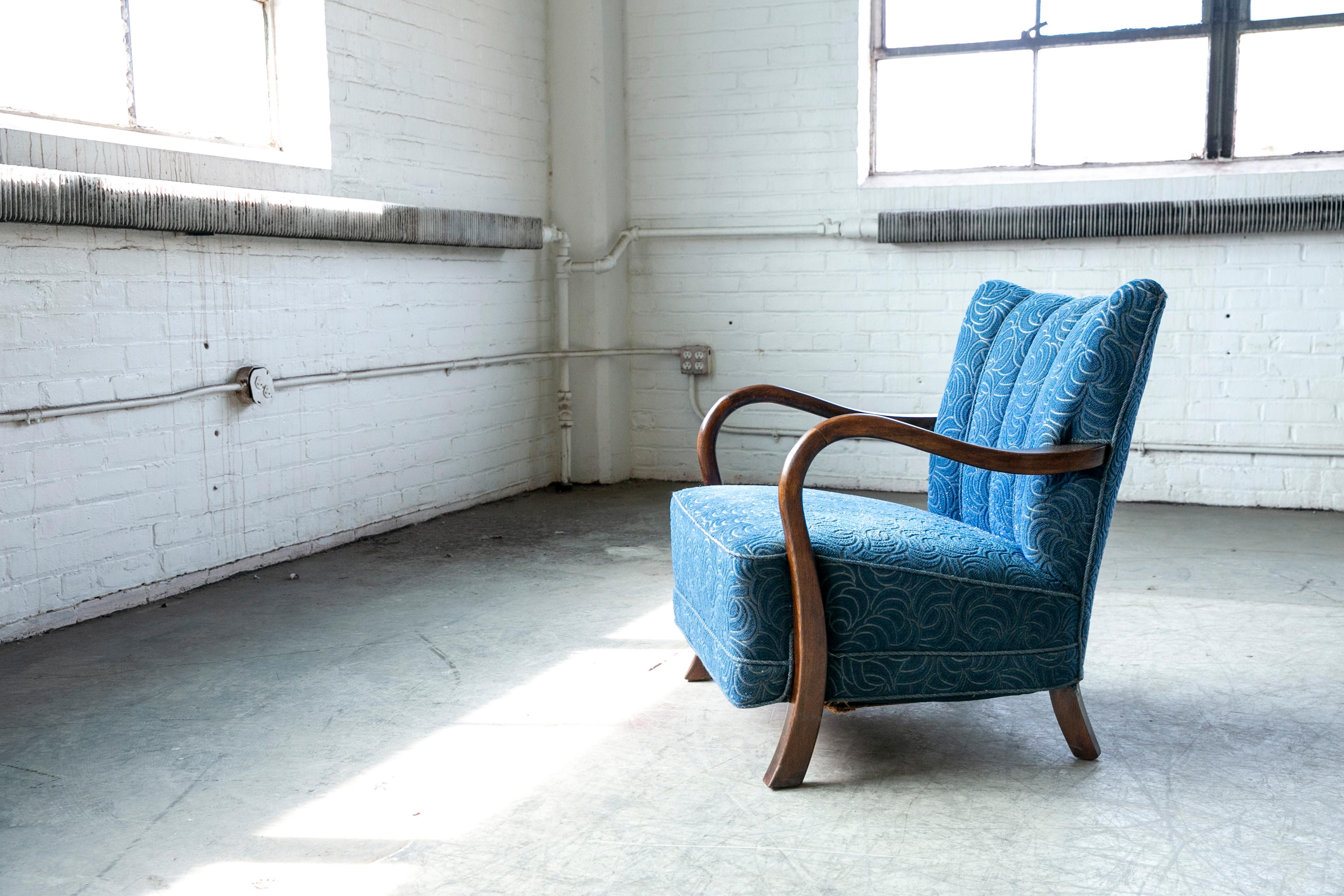 Danish Low Channel Back Easy Chair with Open Armrests 1940's 1