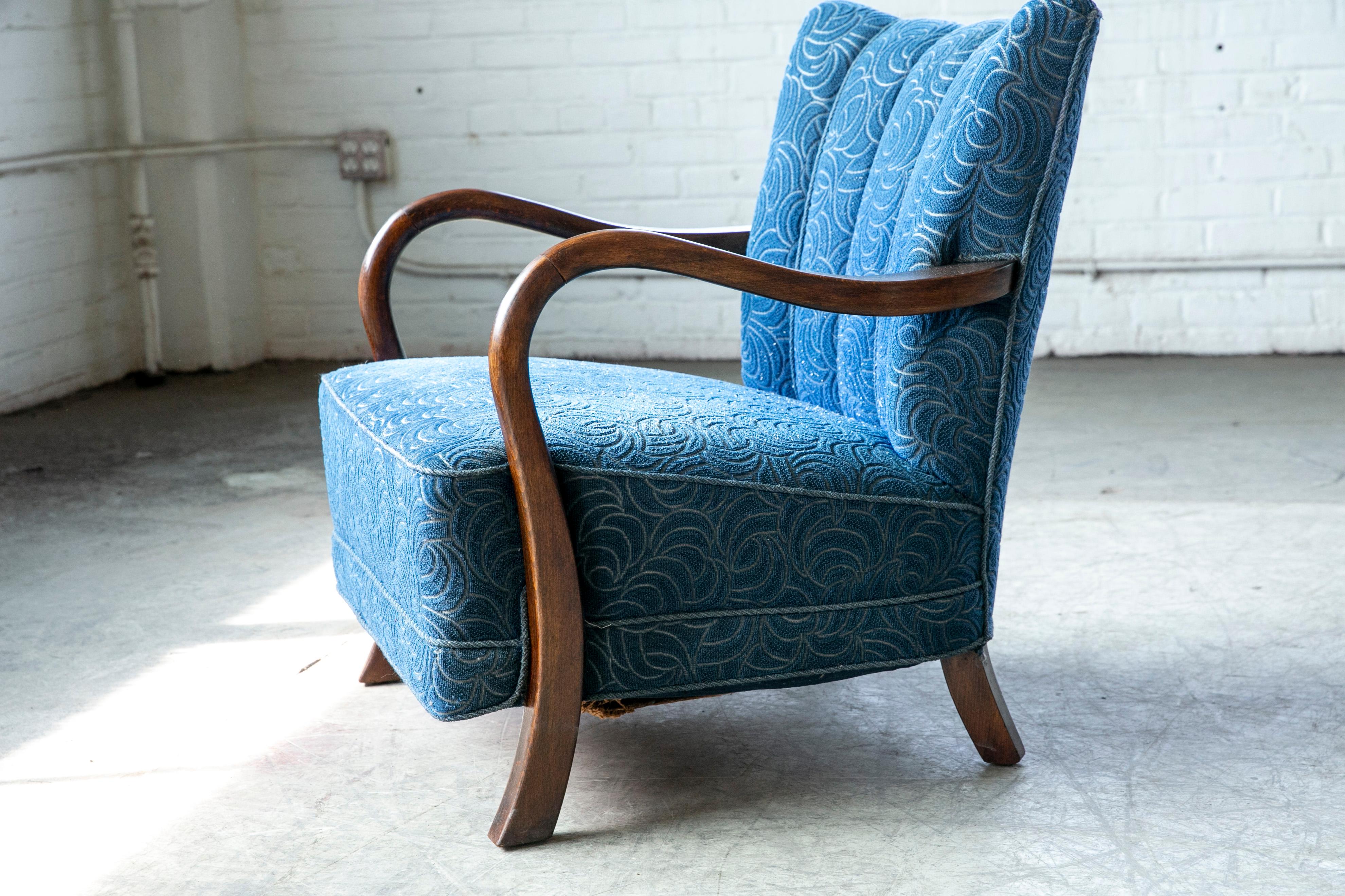 Danish Low Channel Back Easy Chair with Open Armrests 1940's 2