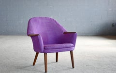 Danish Low Lounge Chair in Purple wool with Teak Accents, 1960's