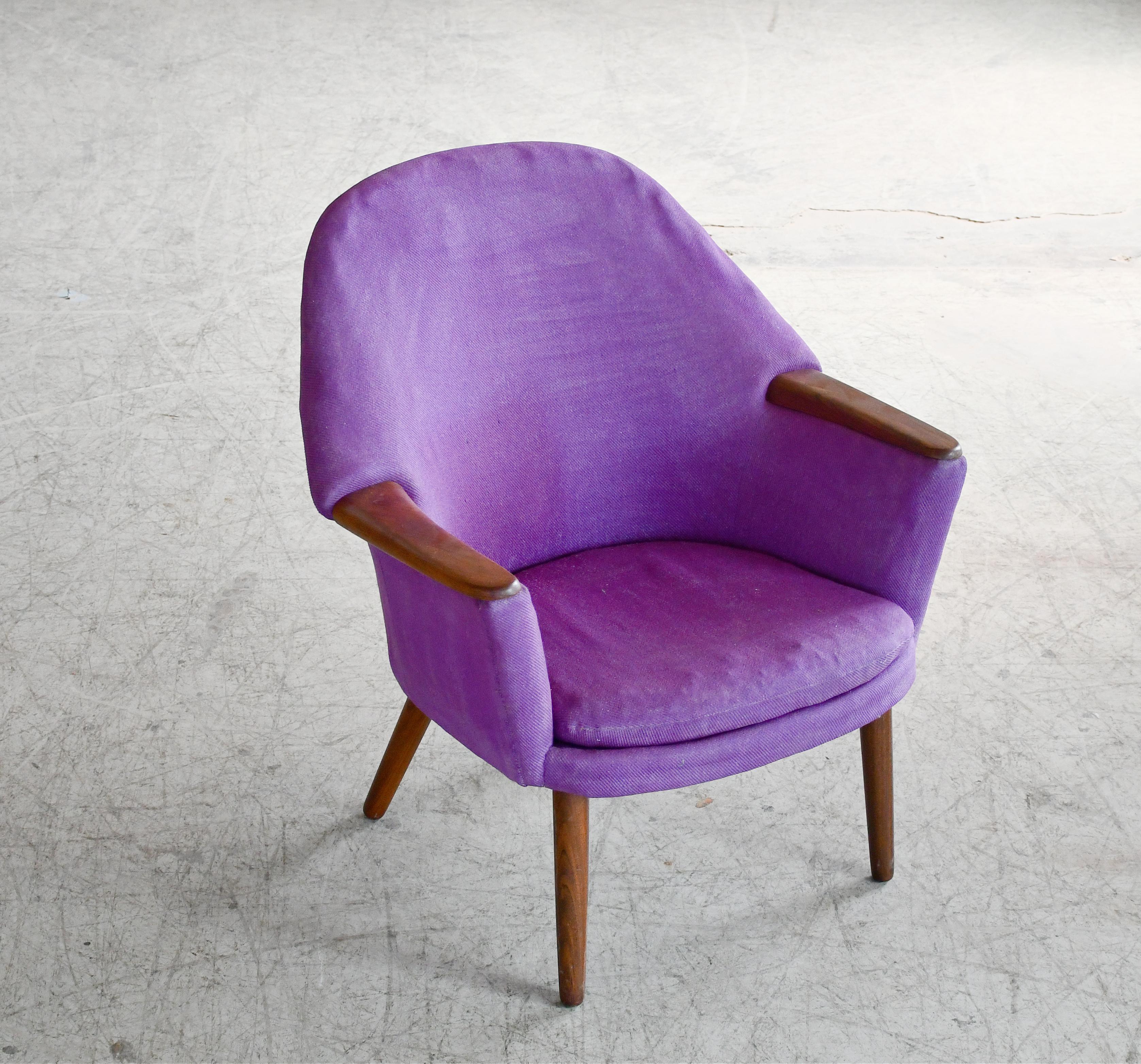 Scandinavian Modern Danish Low Lounge Chair in Purple wool with Teak Accents, 1960's For Sale