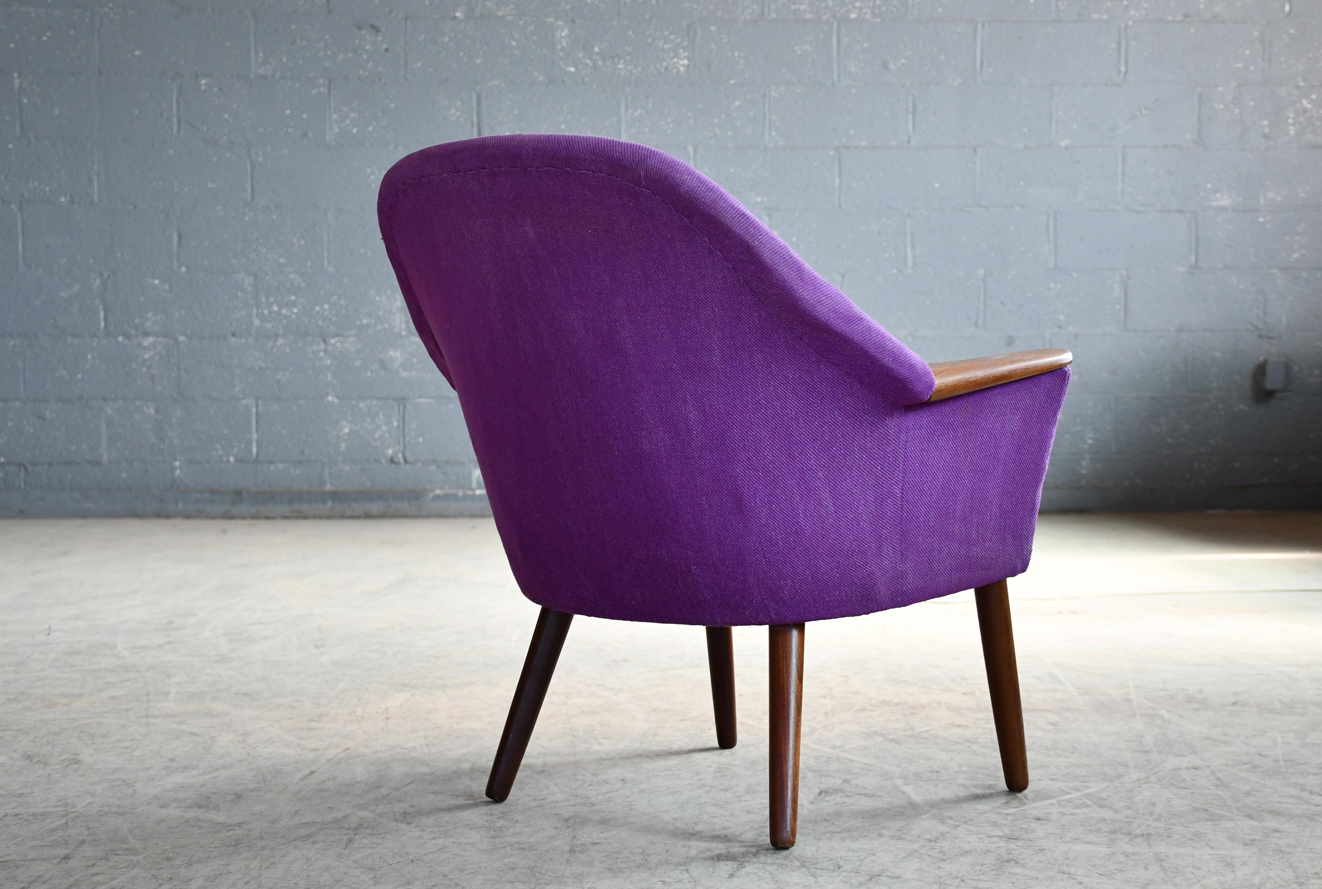 Wool Danish Low Lounge Chair in Purple wool with Teak Accents, 1960's For Sale