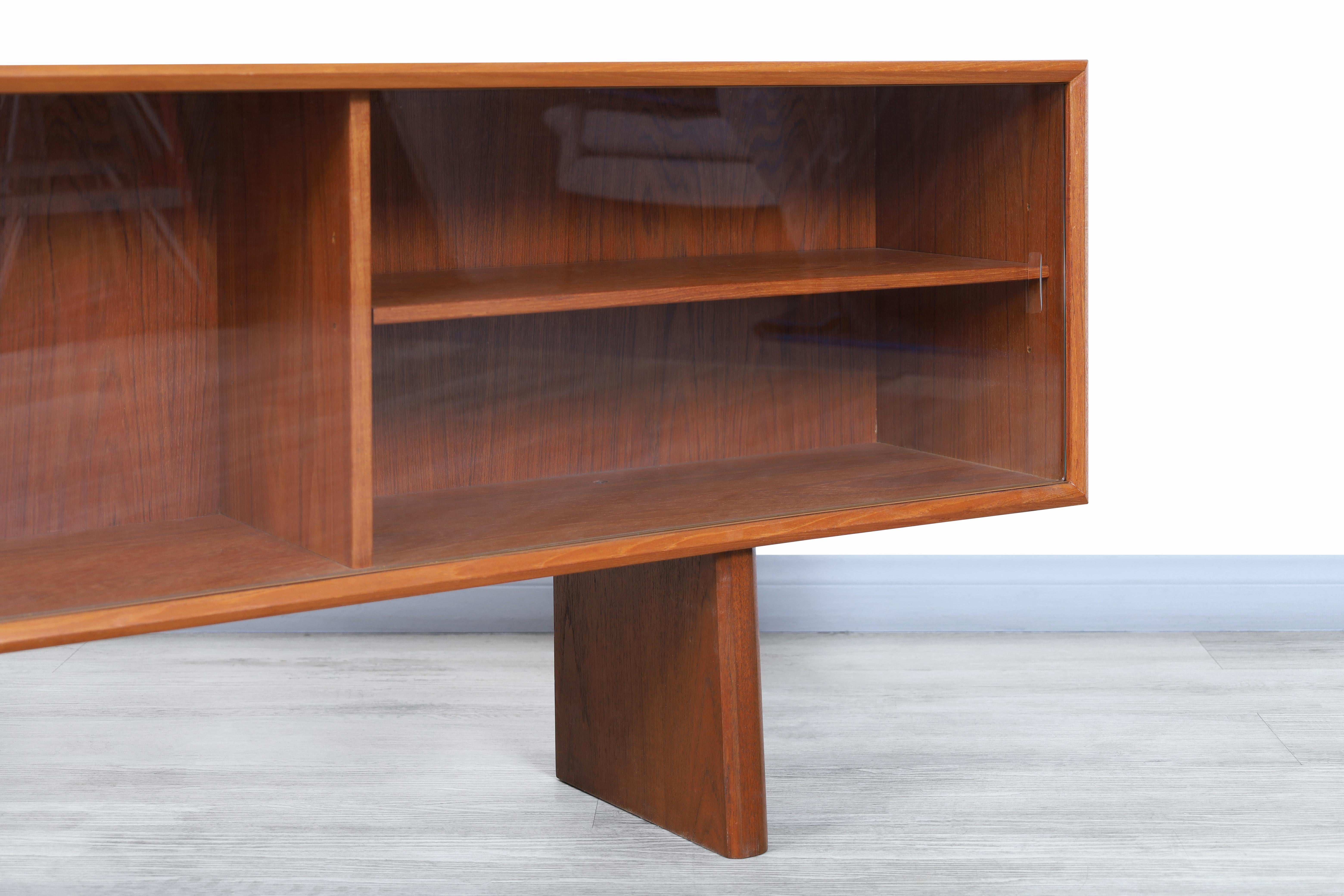 Glass Danish Low Profile Teak Bookcase by Faarup Møbelfabrik