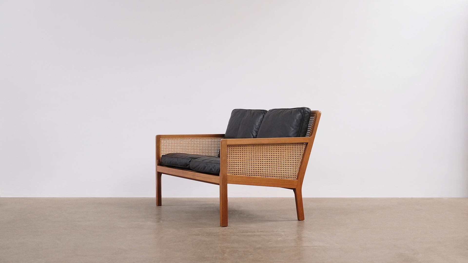 Scandinavian Modern Danish Mahogany, French Cane and Leather Sofa by Bernt Petersen