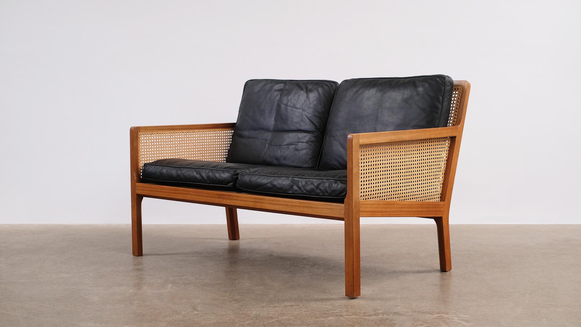 Danish Mahogany, French Cane and Leather Sofa by Bernt Petersen 1