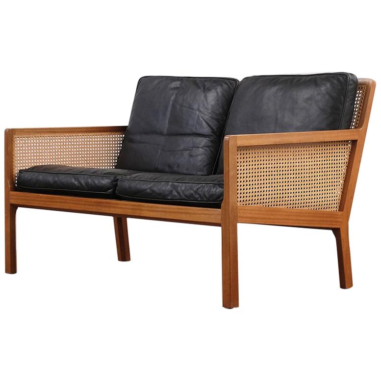 Danish Mahogany, French Cane and Leather Sofa by Bernt Petersen