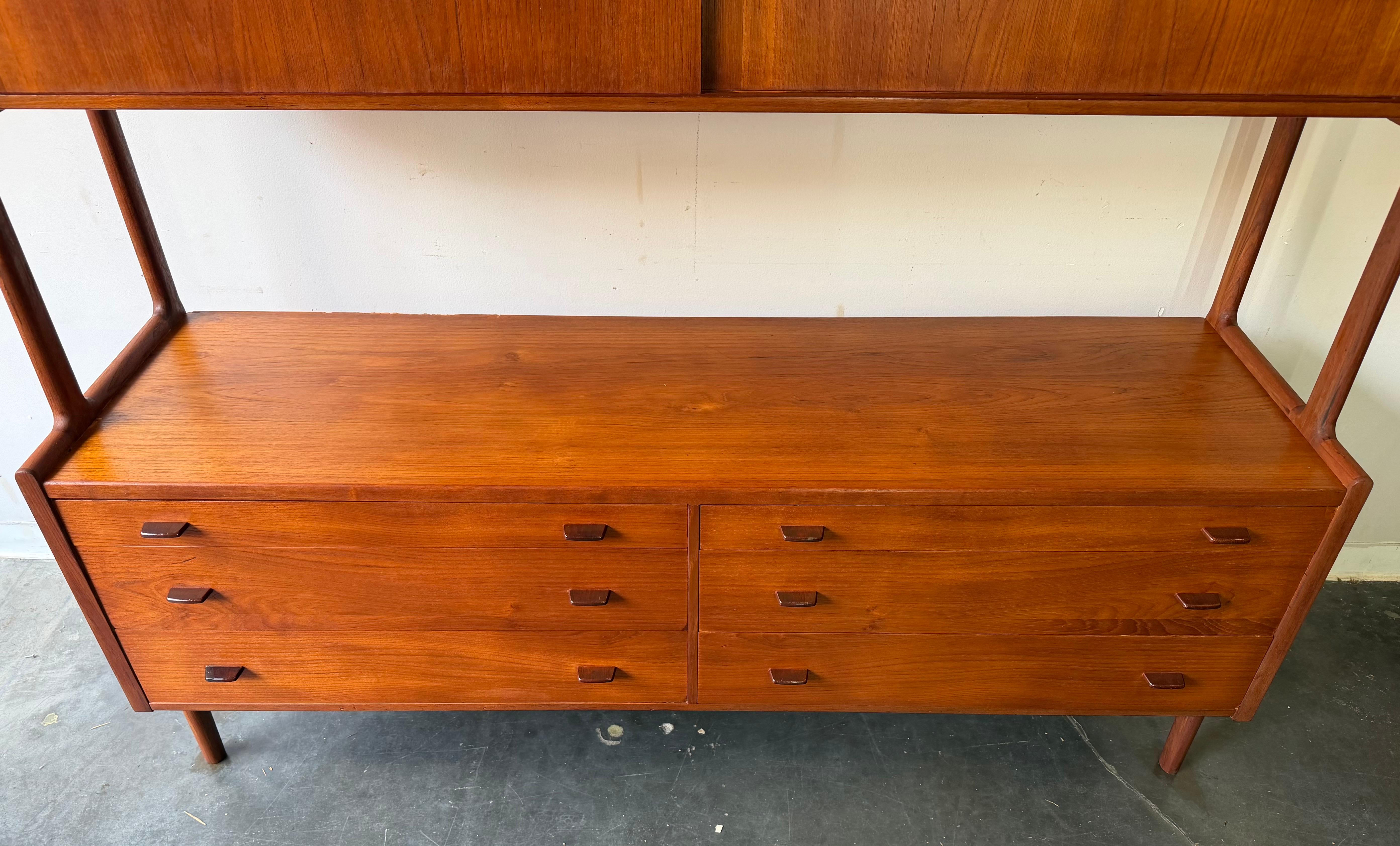 Teak Danish MCM Hans Wegner for ry Mobler teak floating hutch credenza For Sale