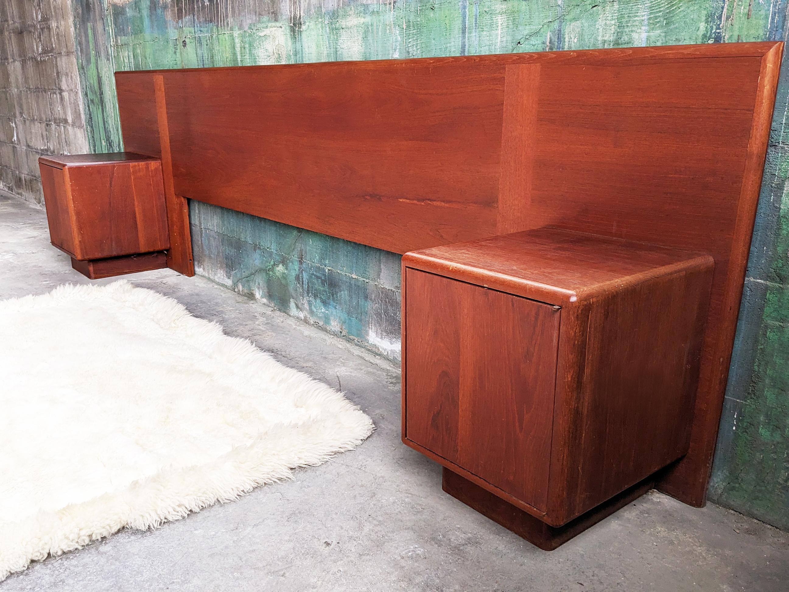 Late 20th Century Danish MCM Long Rosewood Teak Headboard with Attached Storage Nightstands, 70s For Sale