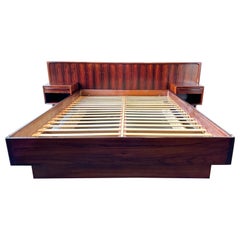 Danish MCM rosewood queen size platform bed with floating nightstands