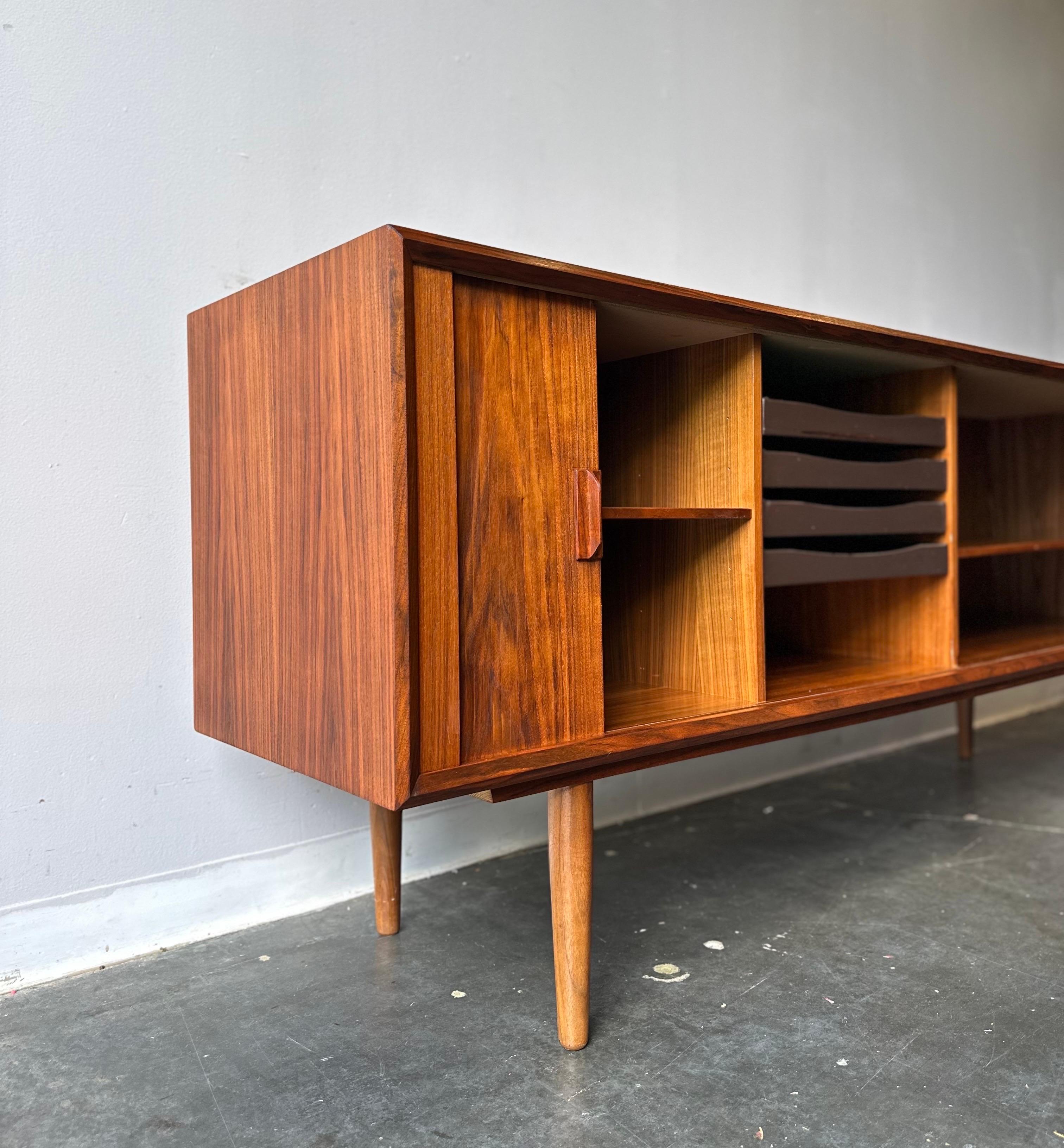 Mid-20th Century Danish MCM teak credenza with tambour doors refinished For Sale