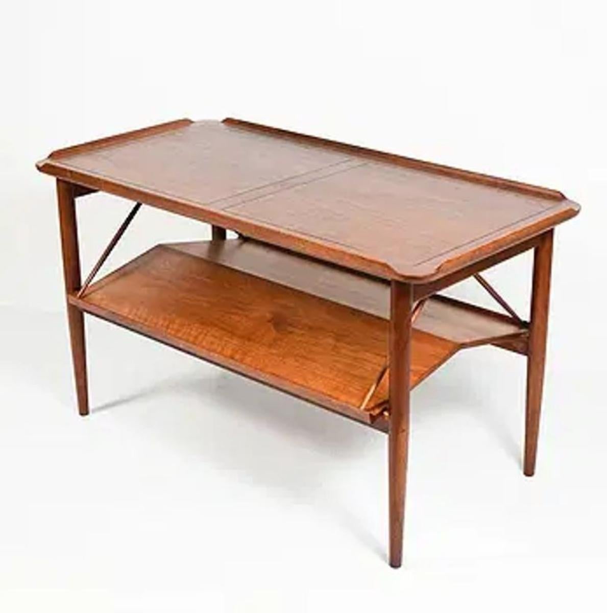 Rare Danish MCM walnut library table manufactured by Larsen, for Baker furniture. Danish Mid-Century Modern walnut library tables by Larsen are rare and highly collectible, known for their clean lines, rich wood grain, and impeccable craftsmanship.