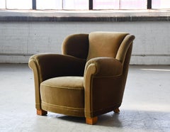 Danish Medium Size lounge or Club Chair in Olive Mohair 1940's