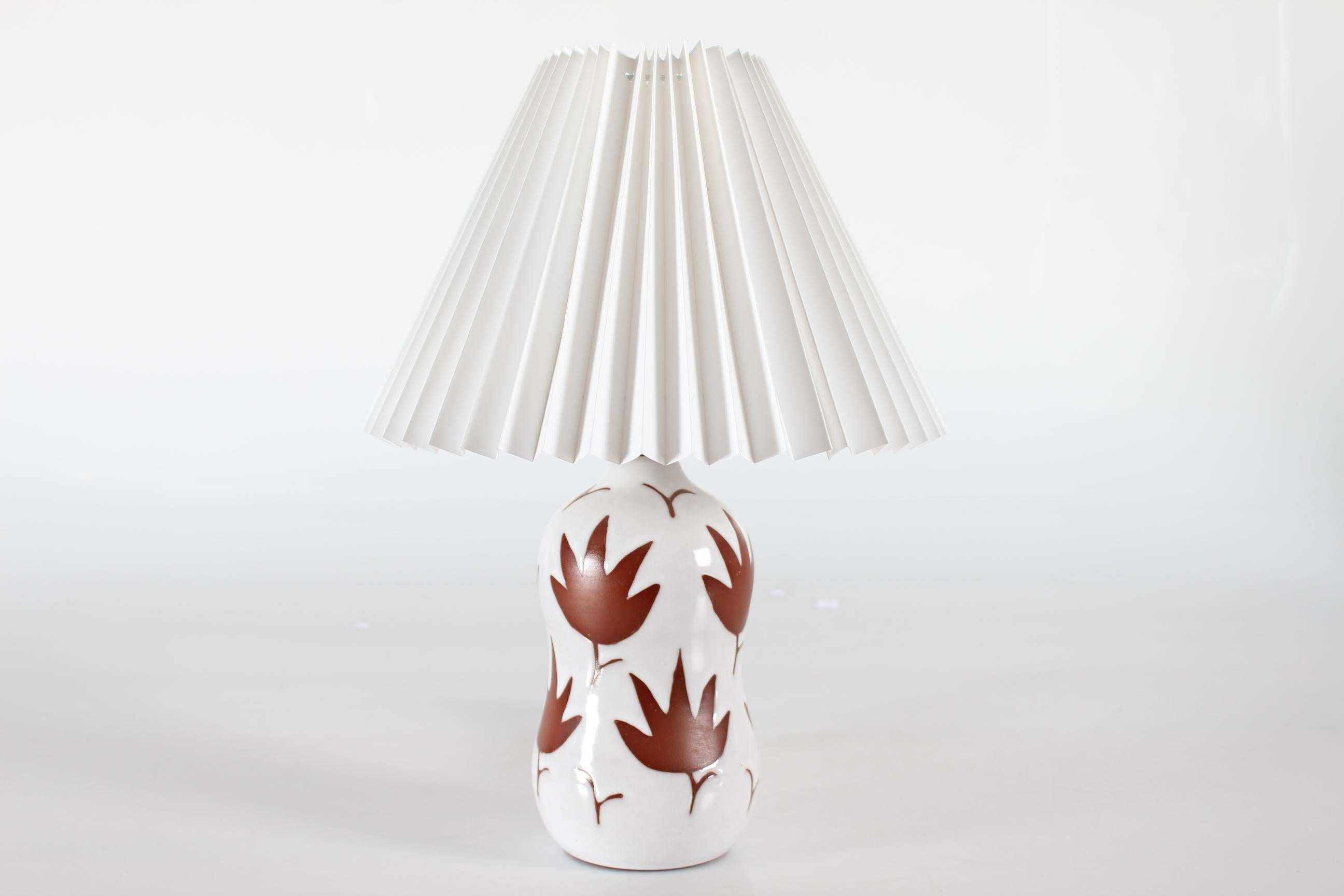 Danish Ceramic Table Lamp with White Glaze and Brown Leaf Pattern 1950s 2