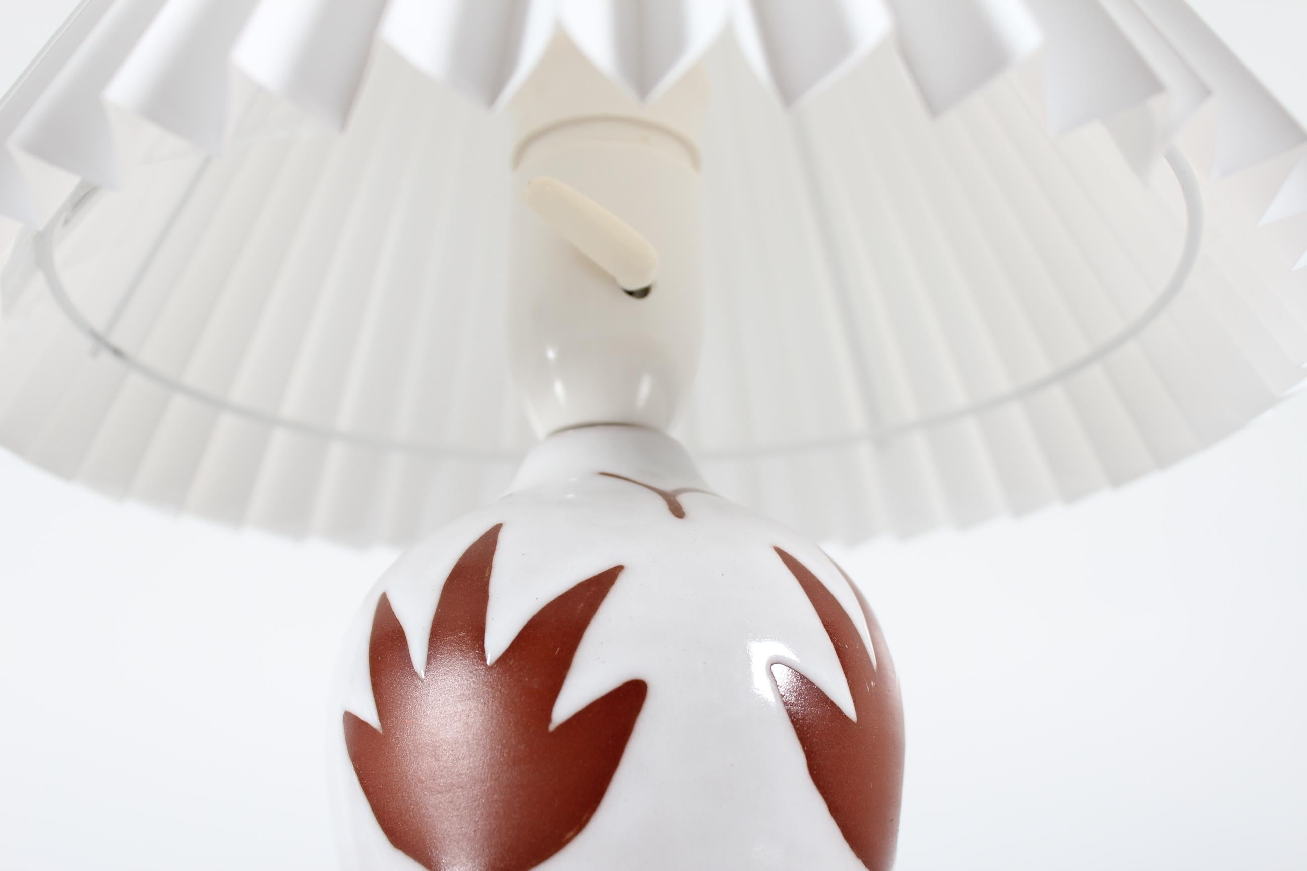 Danish Ceramic Table Lamp with White Glaze and Brown Leaf Pattern 1950s 3