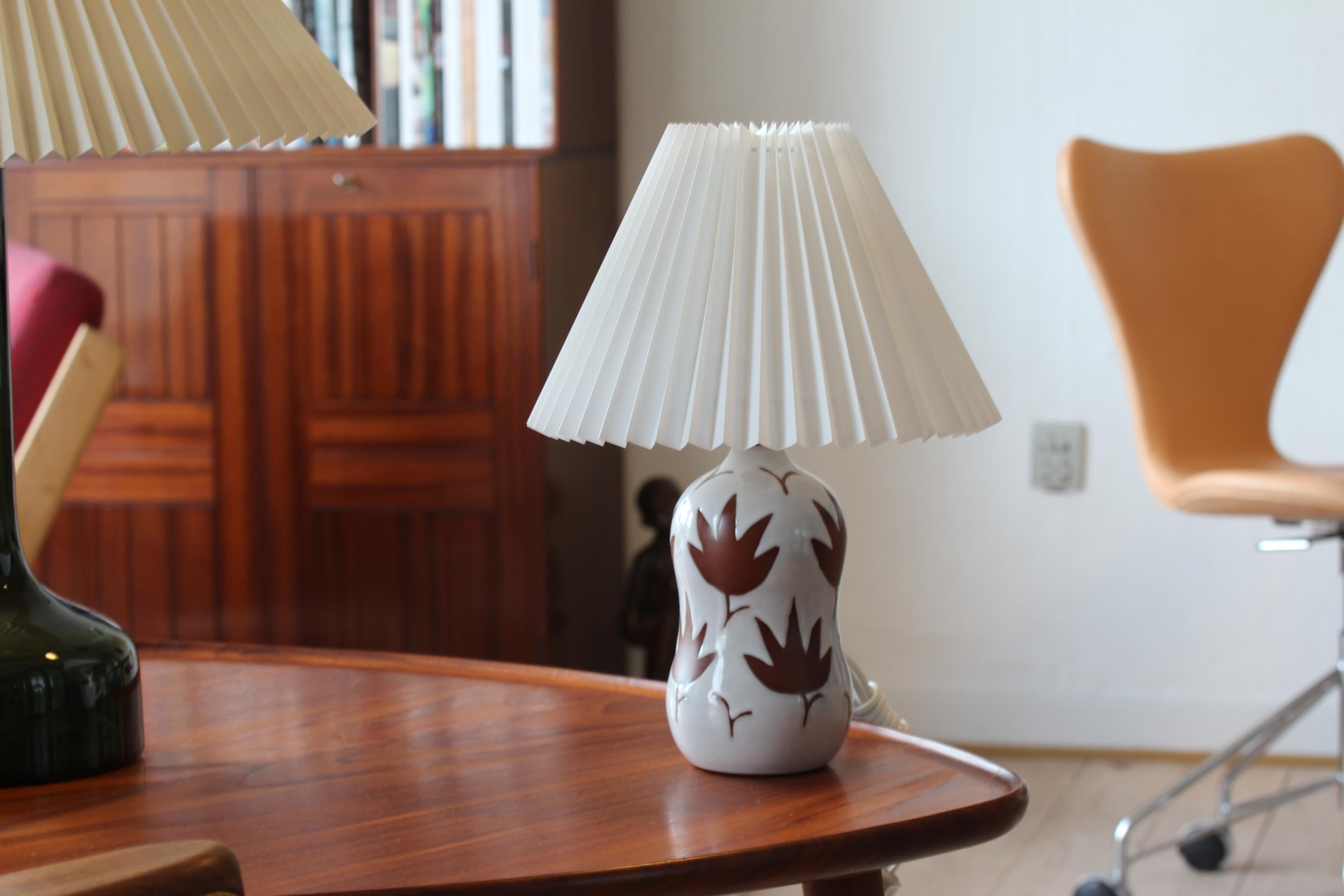 Danish Ceramic Table Lamp with White Glaze and Brown Leaf Pattern 1950s 4