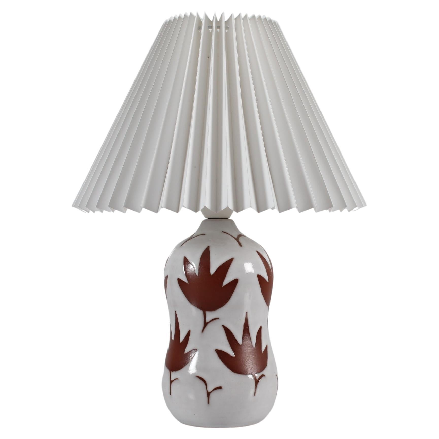 Danish Ceramic Table Lamp with White Glaze and Brown Leaf Pattern 1950s