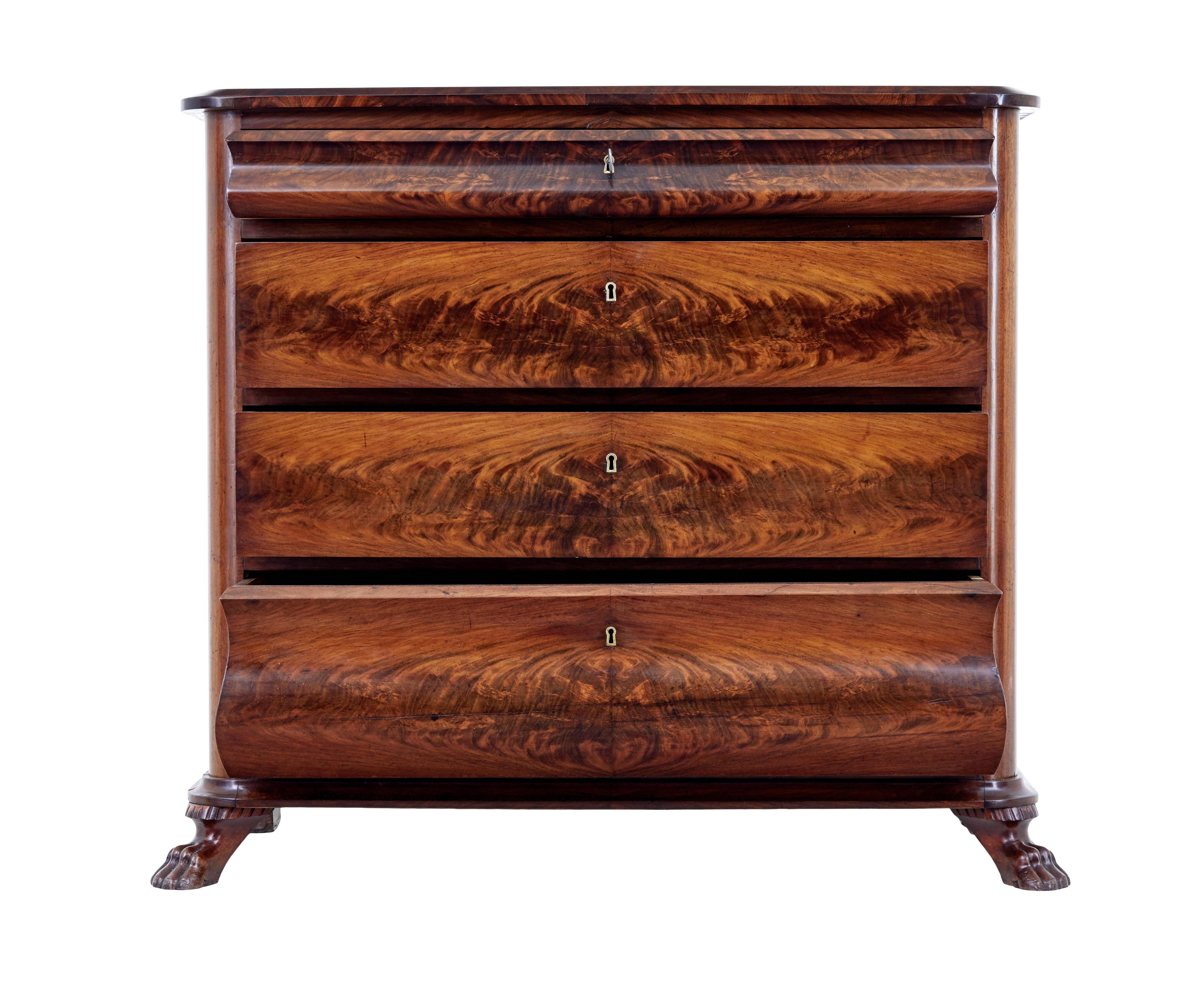 Empire Danish mid 19th century flame mahogany chest of drawers For Sale