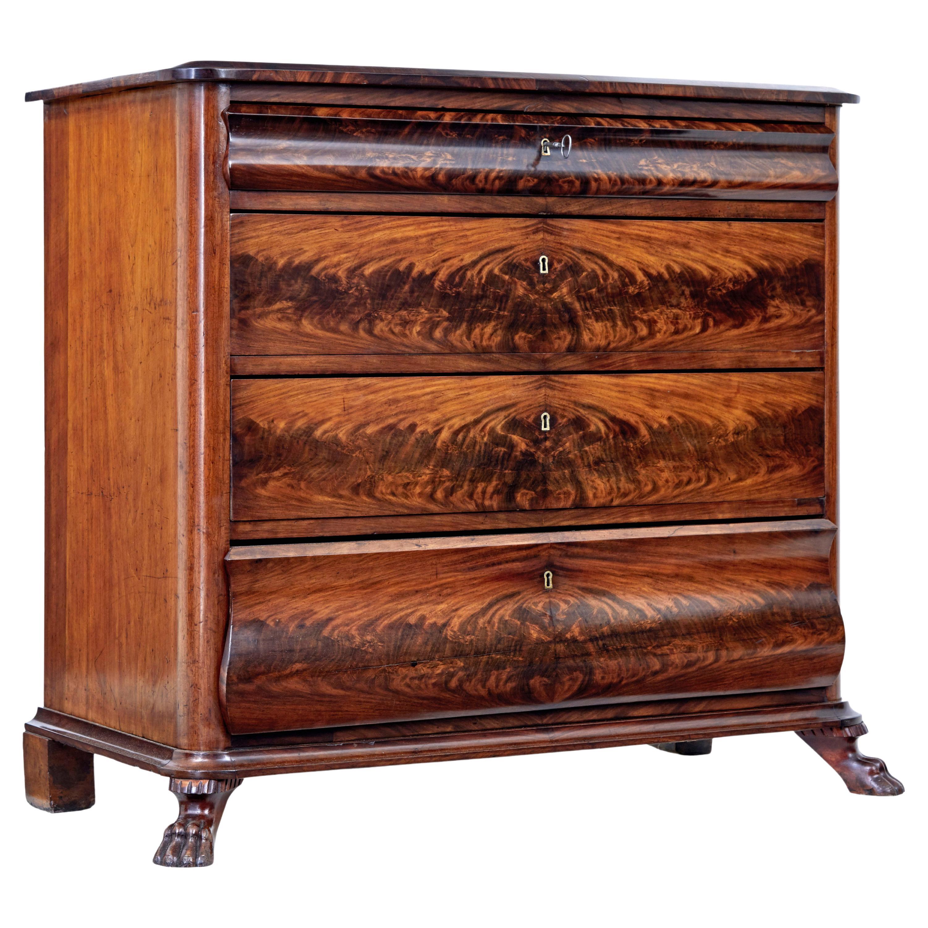 Danish mid 19th century flame mahogany chest of drawers For Sale