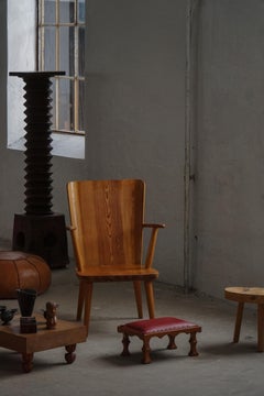 Danish, Mid-20th Century, Carved Oak Footstool with Red Leather Seat, 1950s