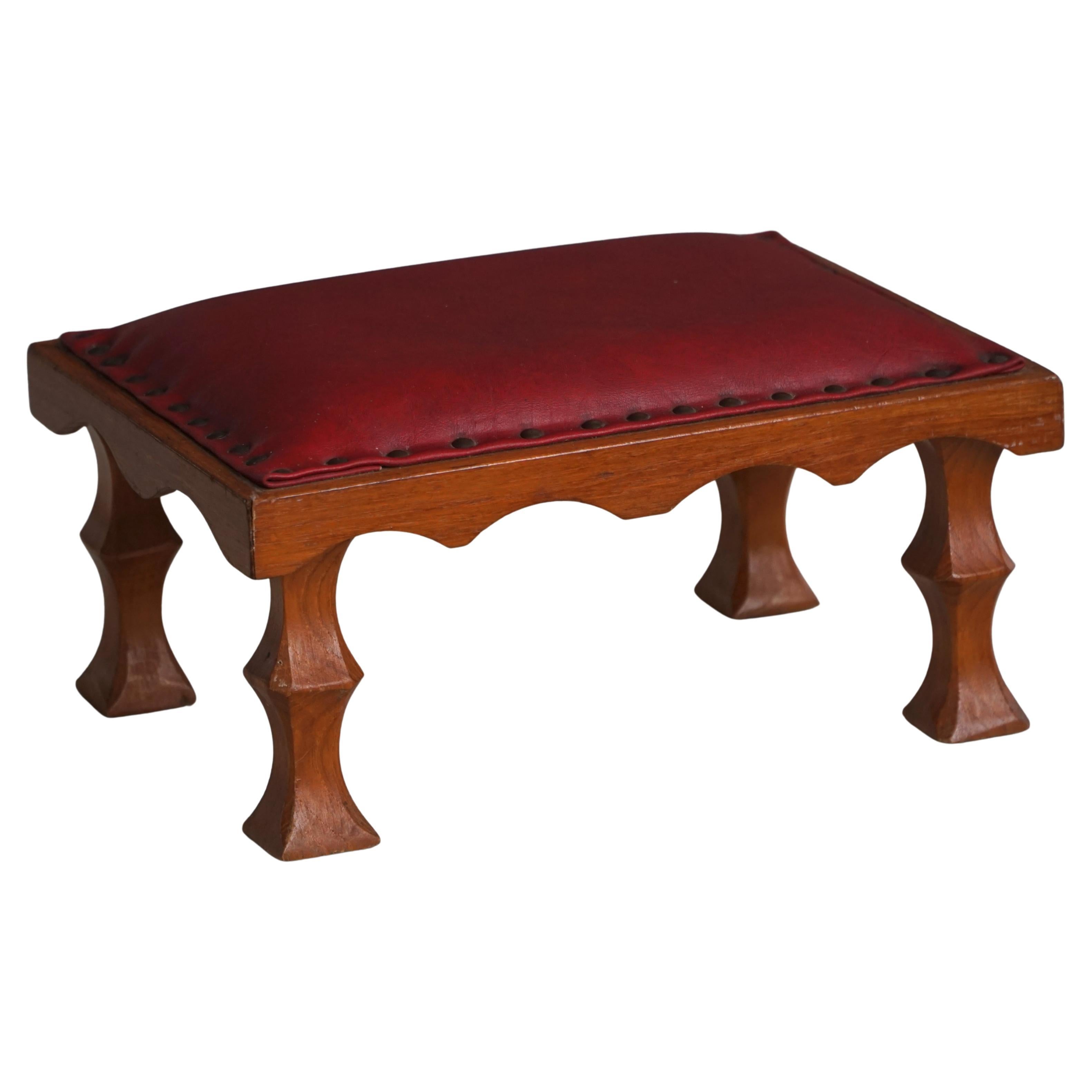 Danish, Mid-20th Century, Carved Oak Footstool with Red Leather Seat, 1950s