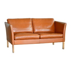 Danish Mid-C Borge Mogensen Style Danish Two-Seat Cognac Colored Leather Sofa