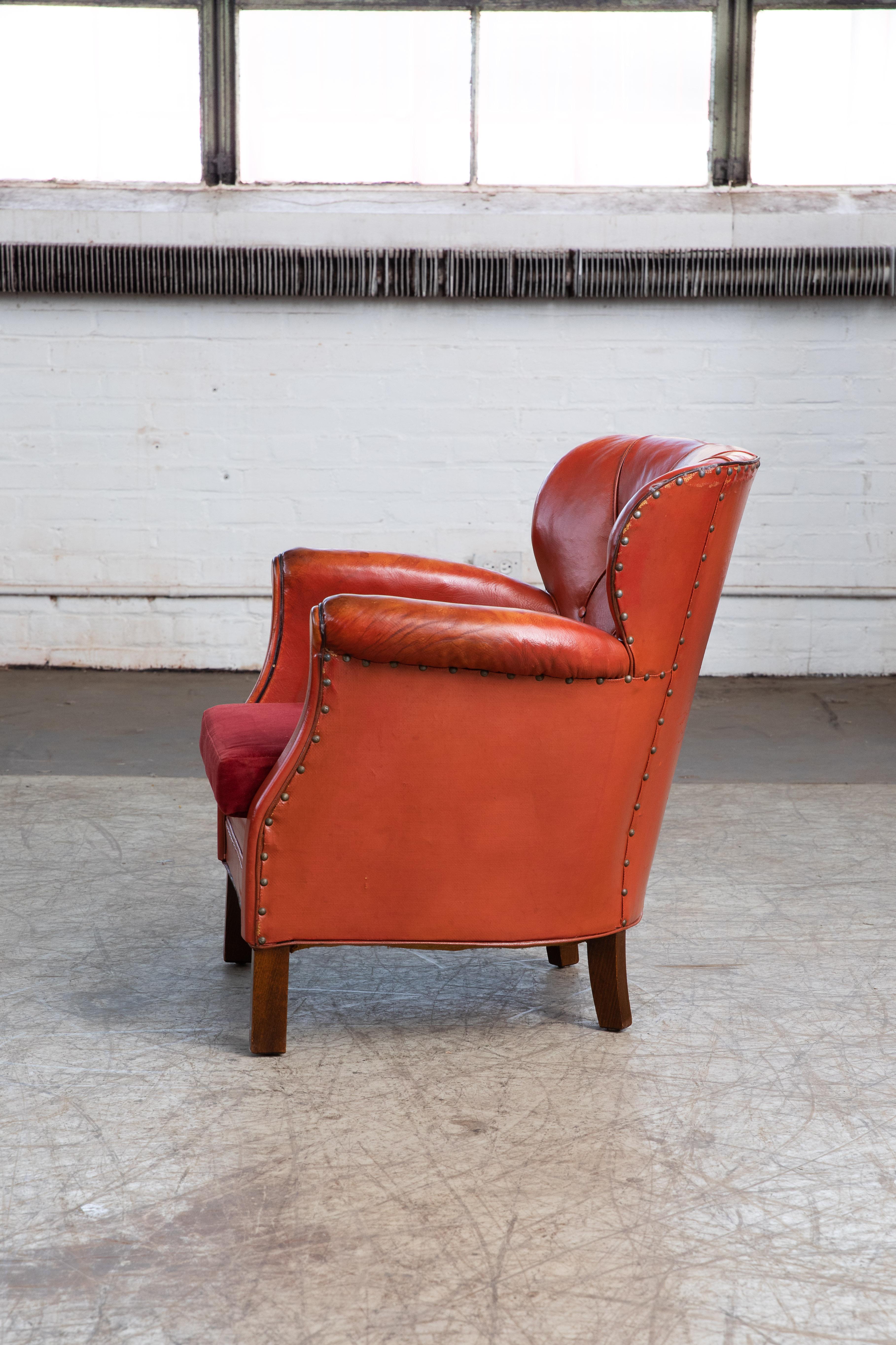Mid-Century Modern Danish Mid-Century 1930-40s Club Chair in Red Leather by Oskar Hansen