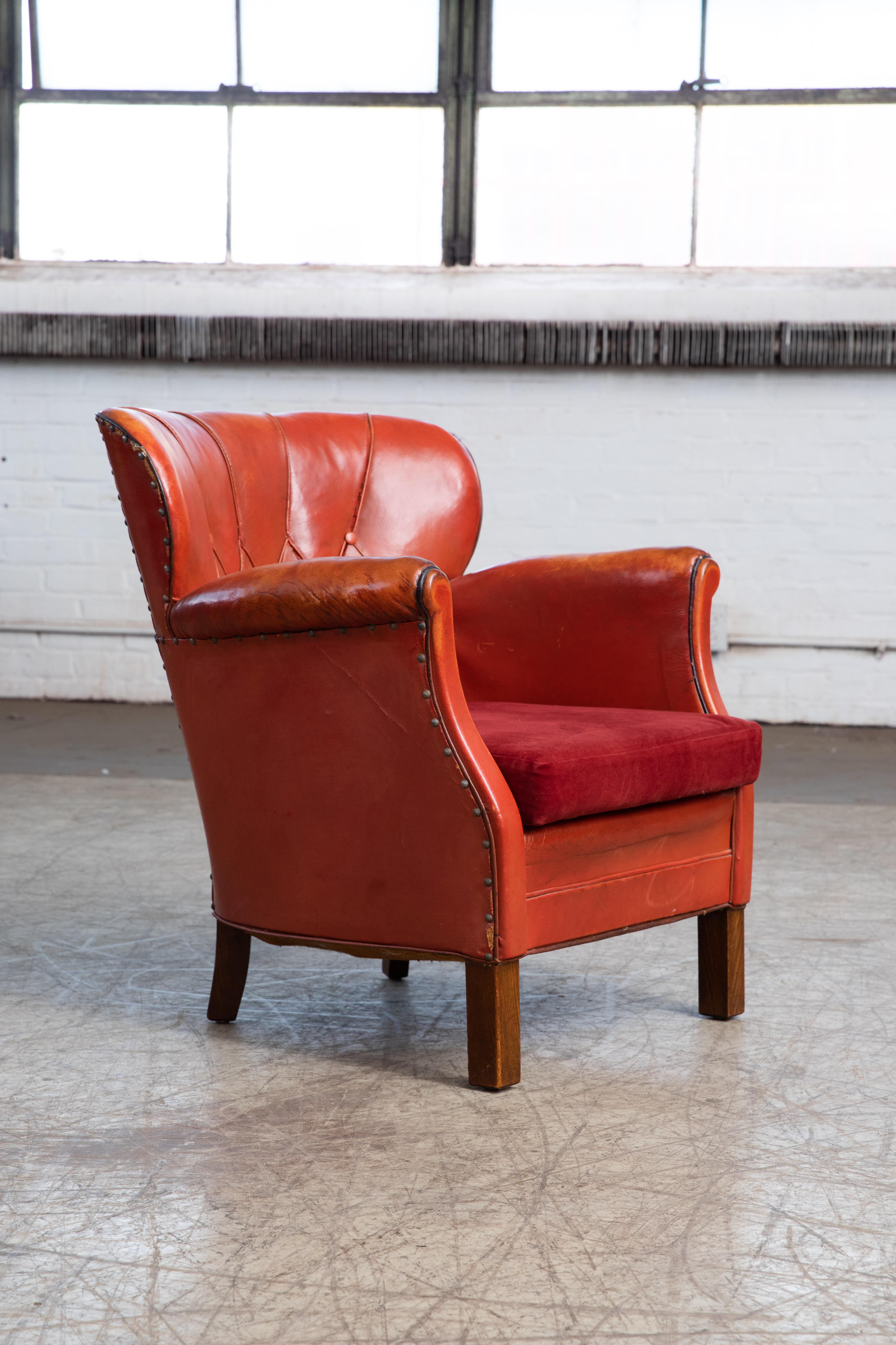 Danish Mid-Century 1930-40s Club Chair in Red Leather by Oskar Hansen 1