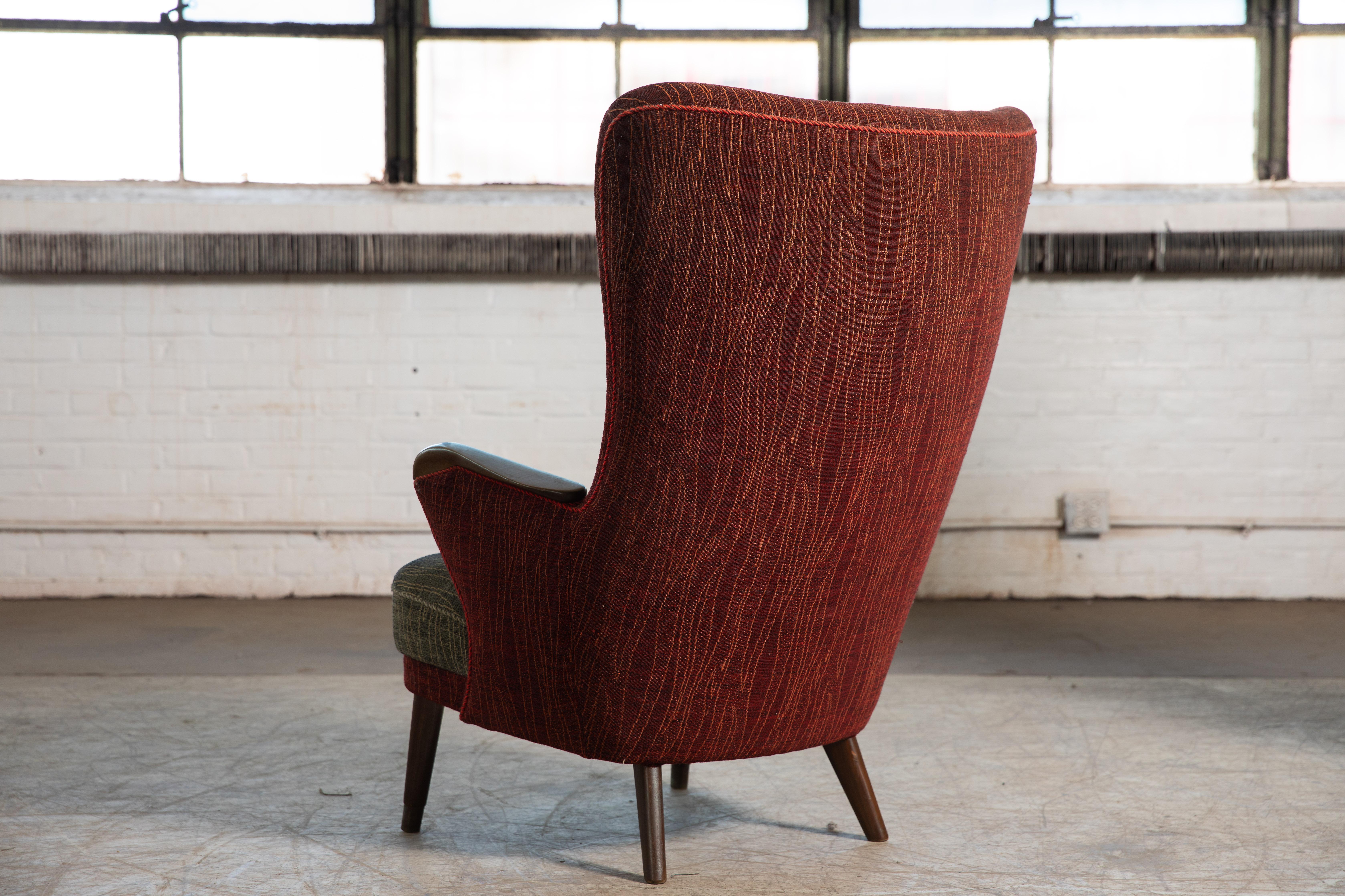 Wool Danish Mid-Century 1950's Lounge Chair with Teak Accent on Armrests