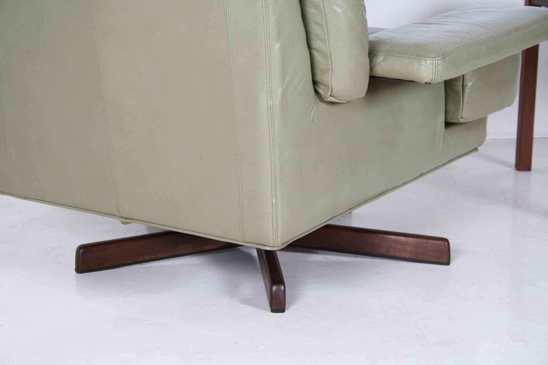 Danish Mid-Century 1960s Sage Green Leather Swivel Lounge Chair with Tilt For Sale 3