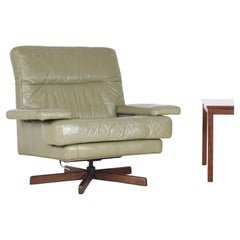 Danish Mid-Century 1960s Sage Green Leather Swivel Lounge Chair with Tilt