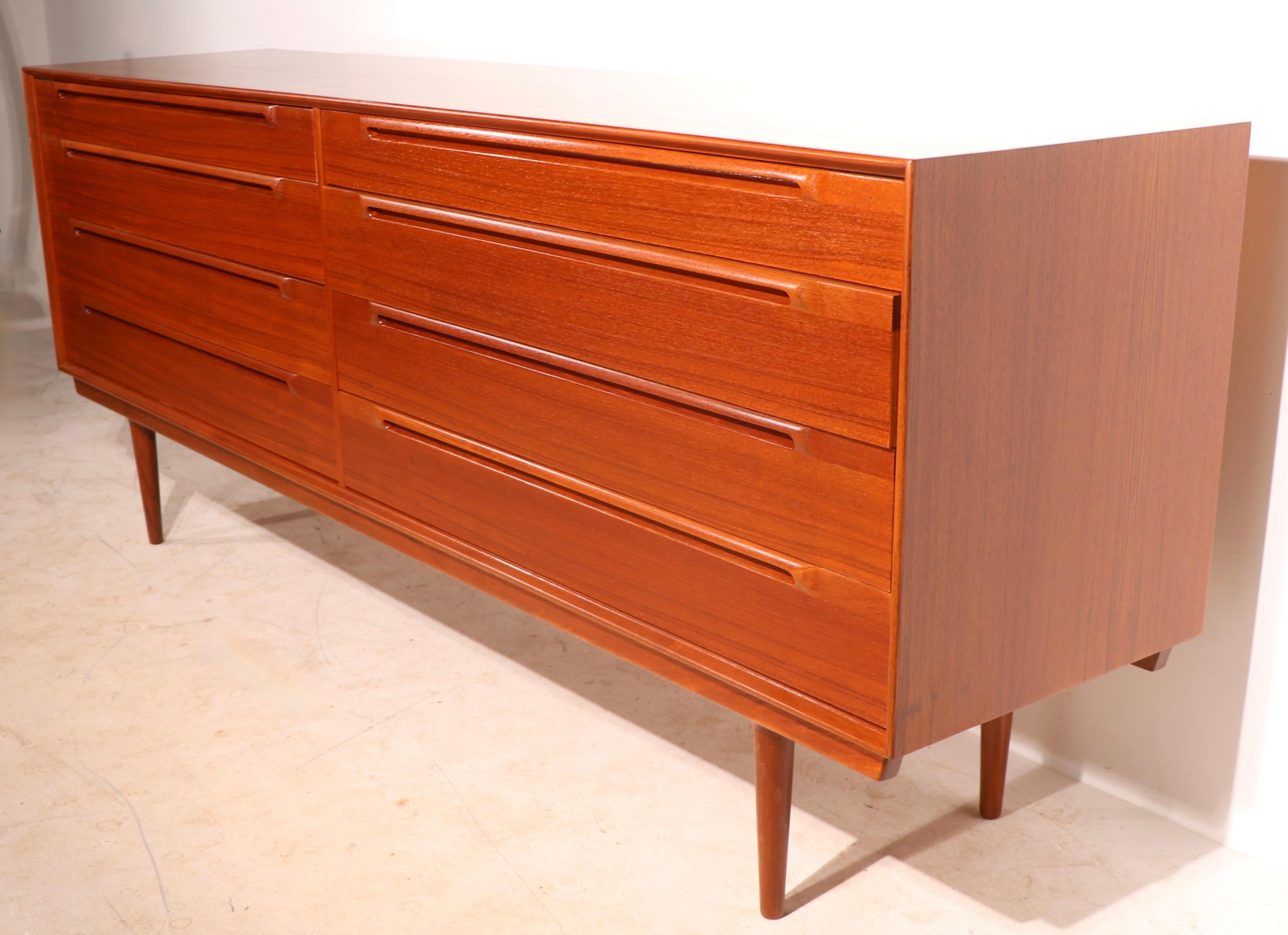 Scandinavian Modern Danish Mid Century 8 Drawer Double Dresser Att. to Sven Ellekaer Teak For Sale