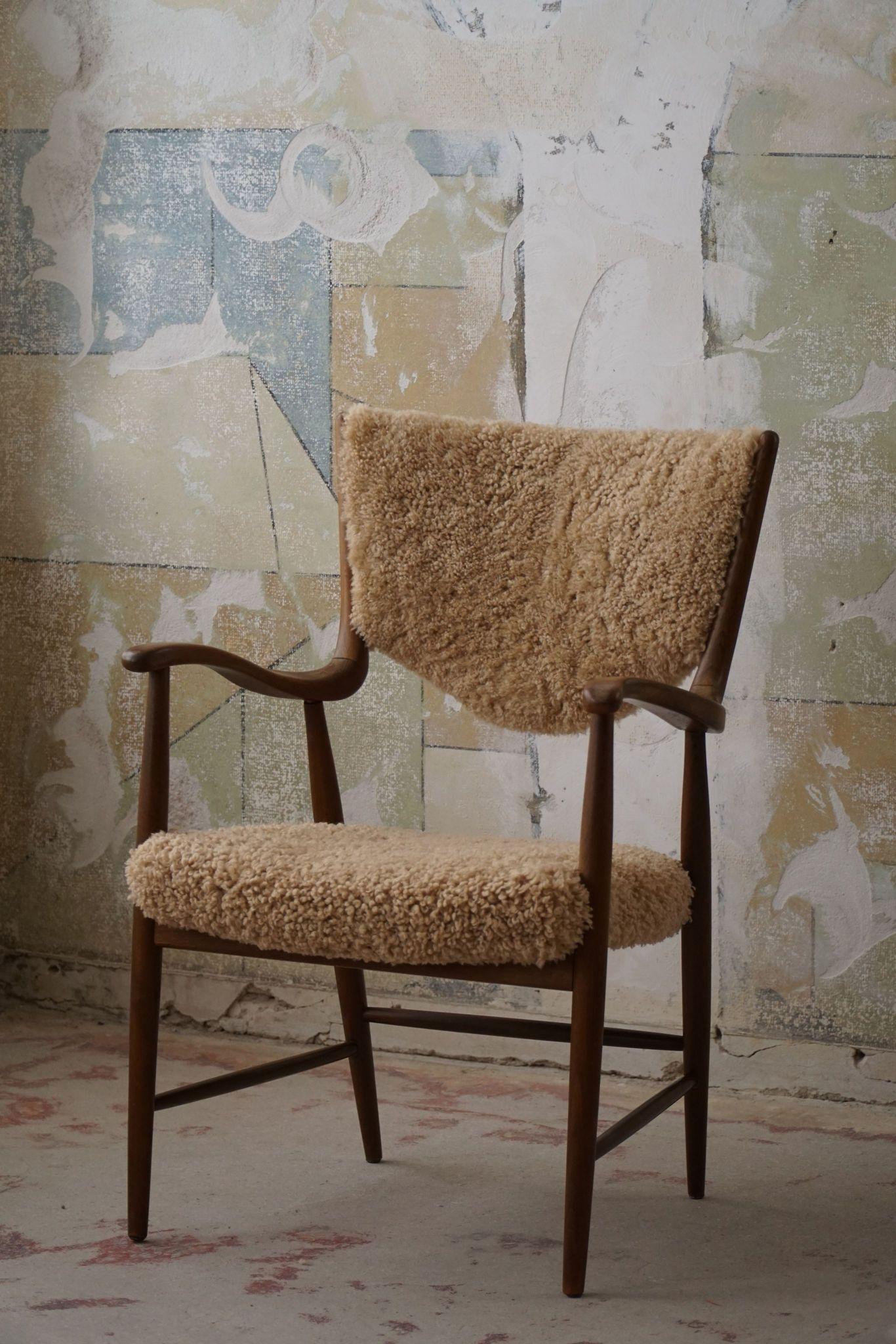 Danish Mid Century Armchair in Beech & Lambswool, Finn Juhl, 1950s 6