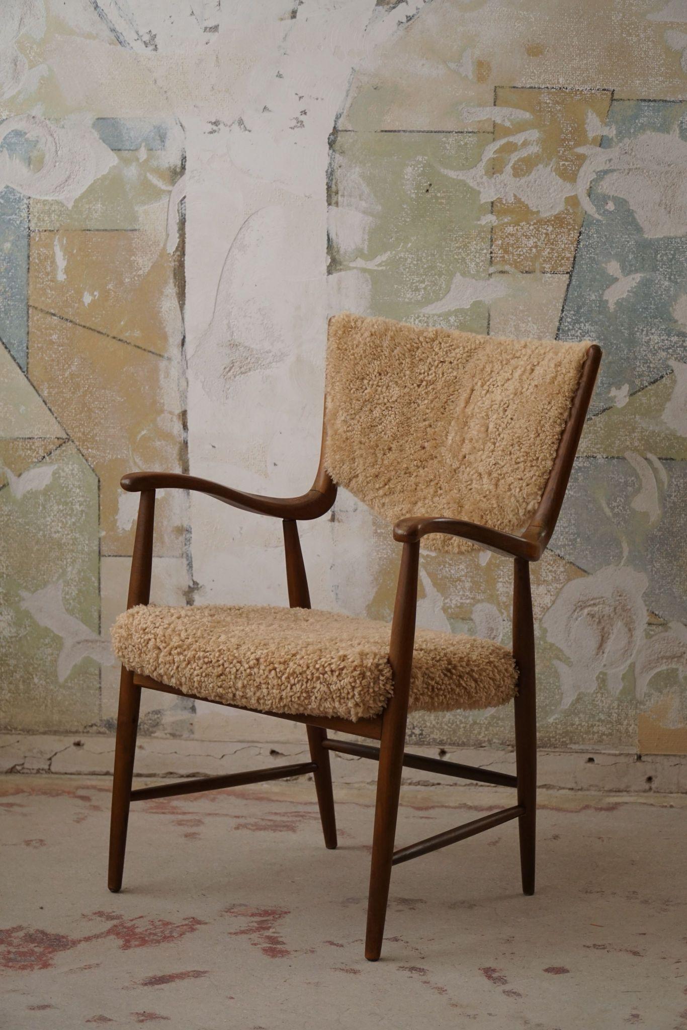 Danish Mid Century Armchair in Beech & Lambswool, Finn Juhl, 1950s 8