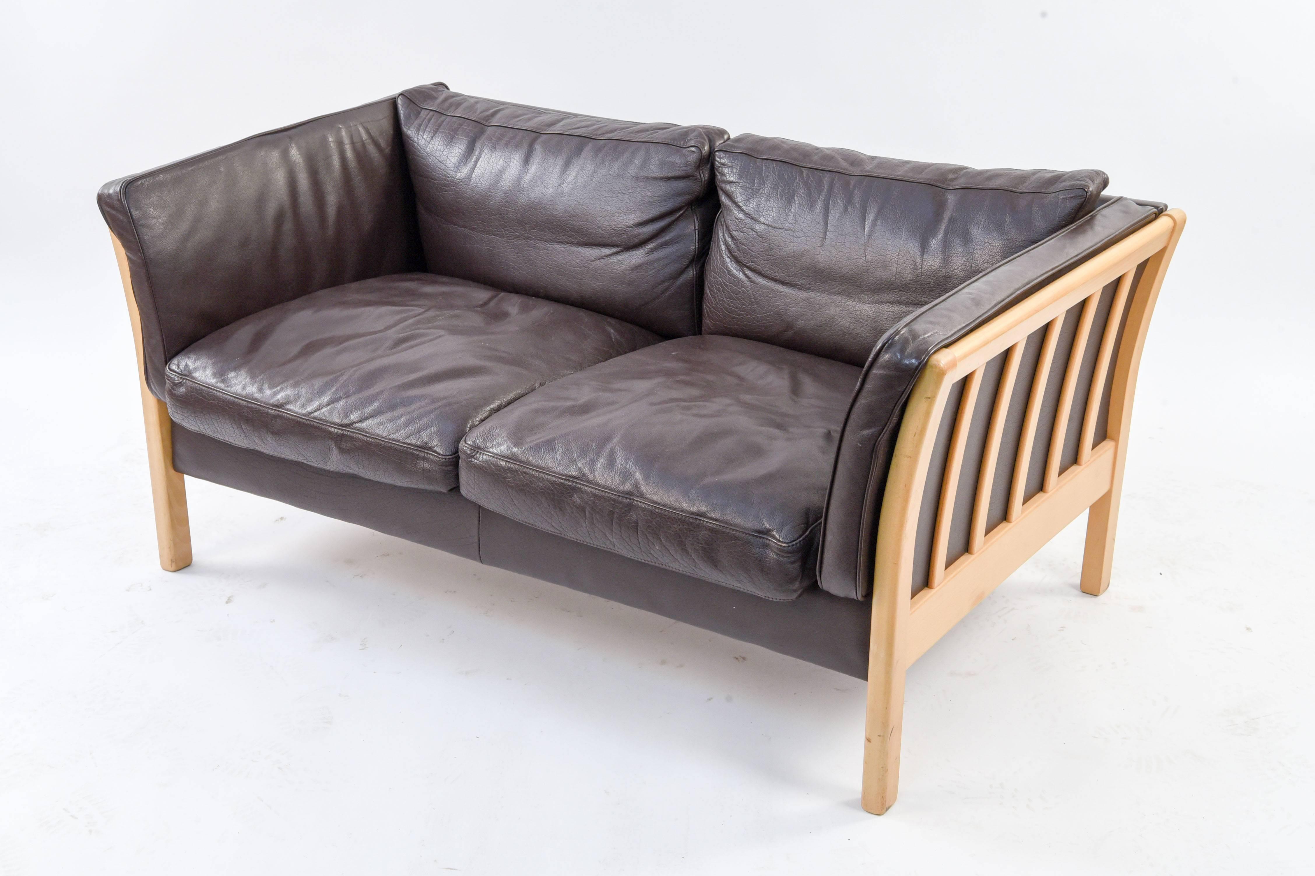 Mid-Century Modern Danish Midcentury Beech and Leather Loveseat Sofa