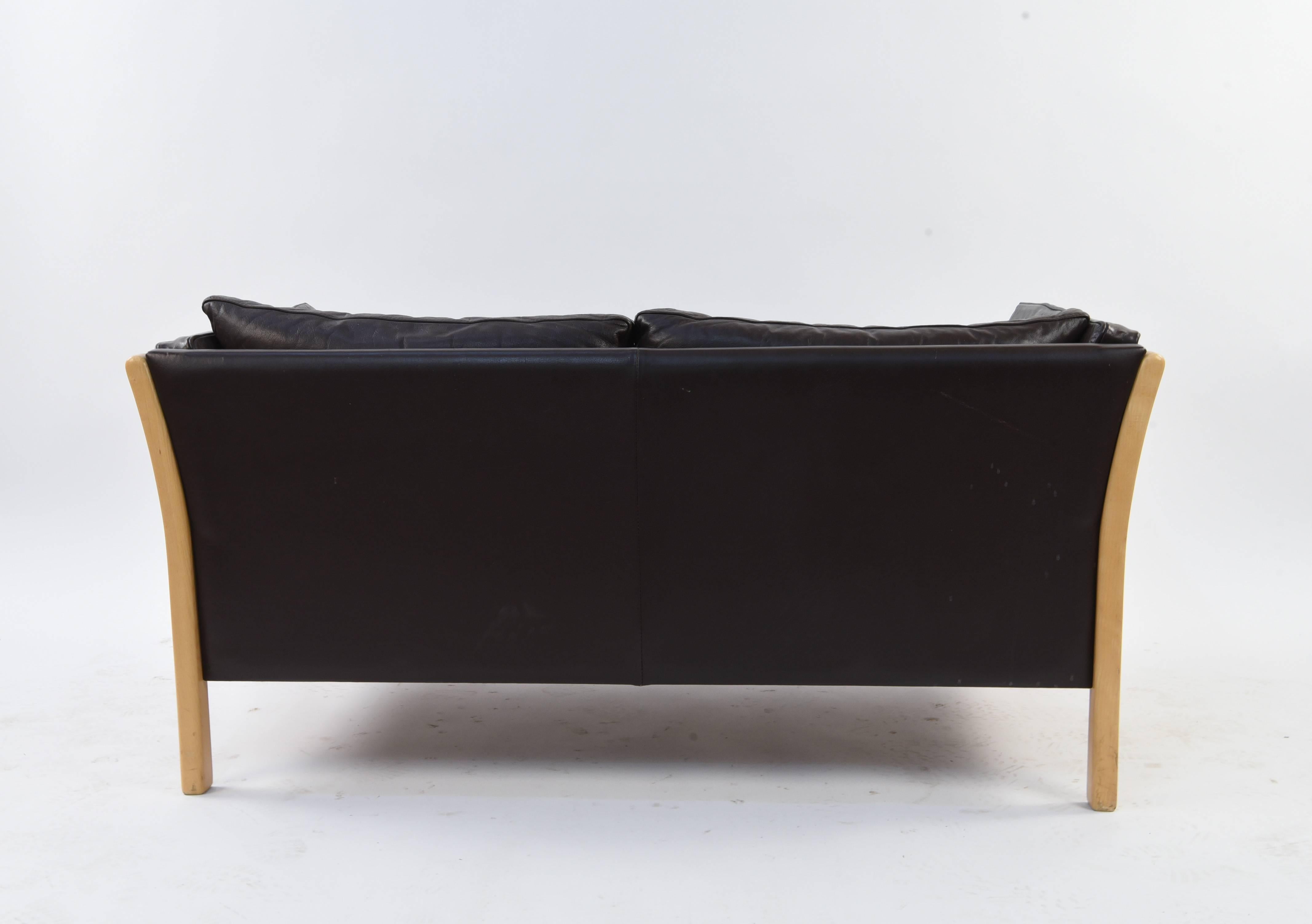 Danish Midcentury Beech and Leather Loveseat Sofa 1