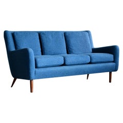 Danish Midcentury Blue Wool Sofa with Loose Cushions and Teak Legs, 1960s