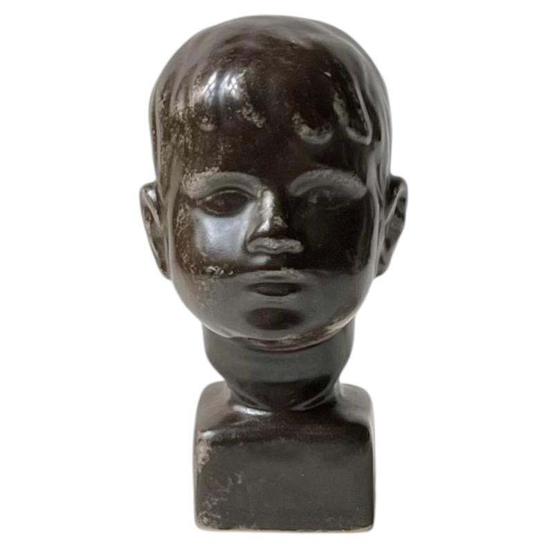 Danish Mid-Century Boy Bust in Black Glazed Ceramic, Johgus, 1950s