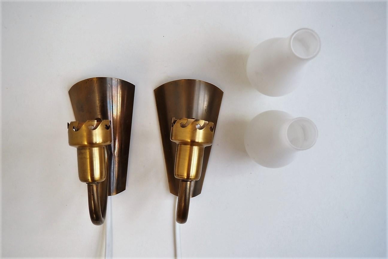 Danish Midcentury Brass and Opaline Sconces Made in the 1940s For Sale 3