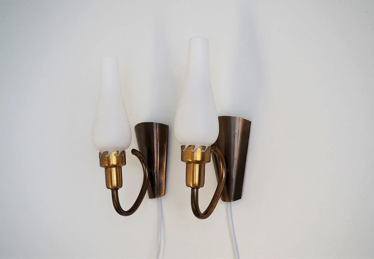 Scandinavian Modern Danish Midcentury Brass and Opaline Sconces Made in the 1940s For Sale