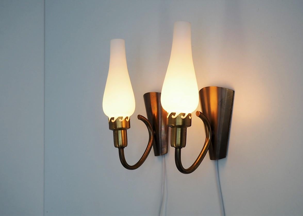 Mid-20th Century Danish Midcentury Brass and Opaline Sconces Made in the 1940s For Sale