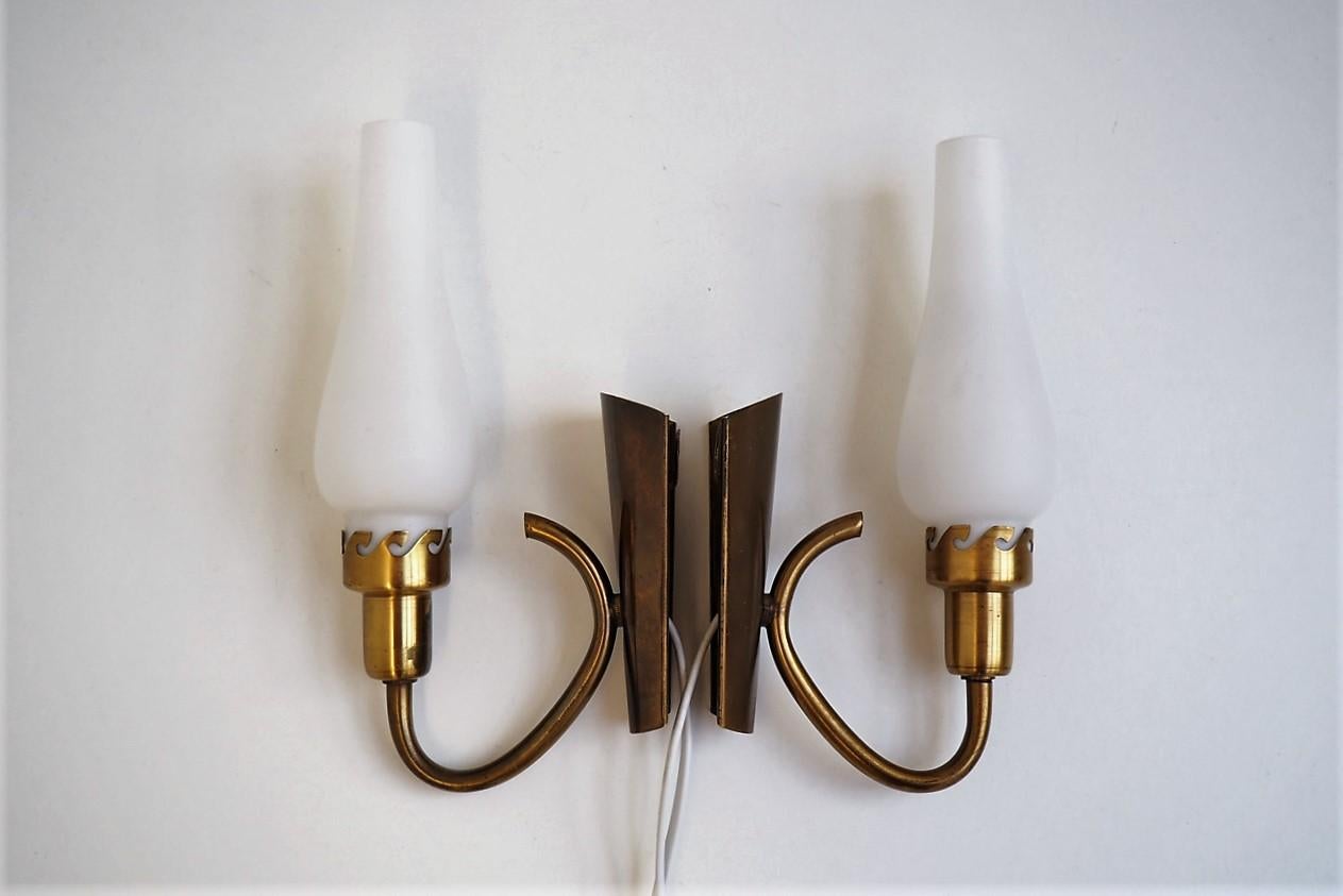 Danish Midcentury Brass and Opaline Sconces Made in the 1940s For Sale 1