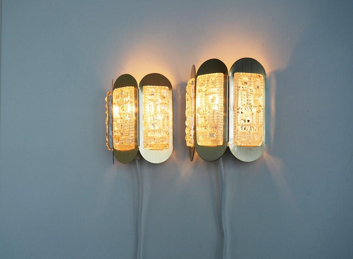 Scandinavian Modern Danish Mid-Century Brass Sconces with Glass Pieces Made by Vitrika, 1960s For Sale