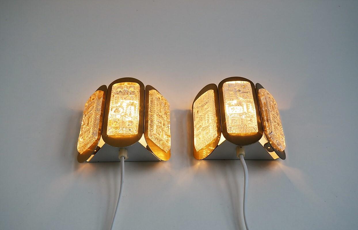 Pressed Danish Mid-Century Brass Sconces with Glass Pieces Made by Vitrika, 1960s For Sale