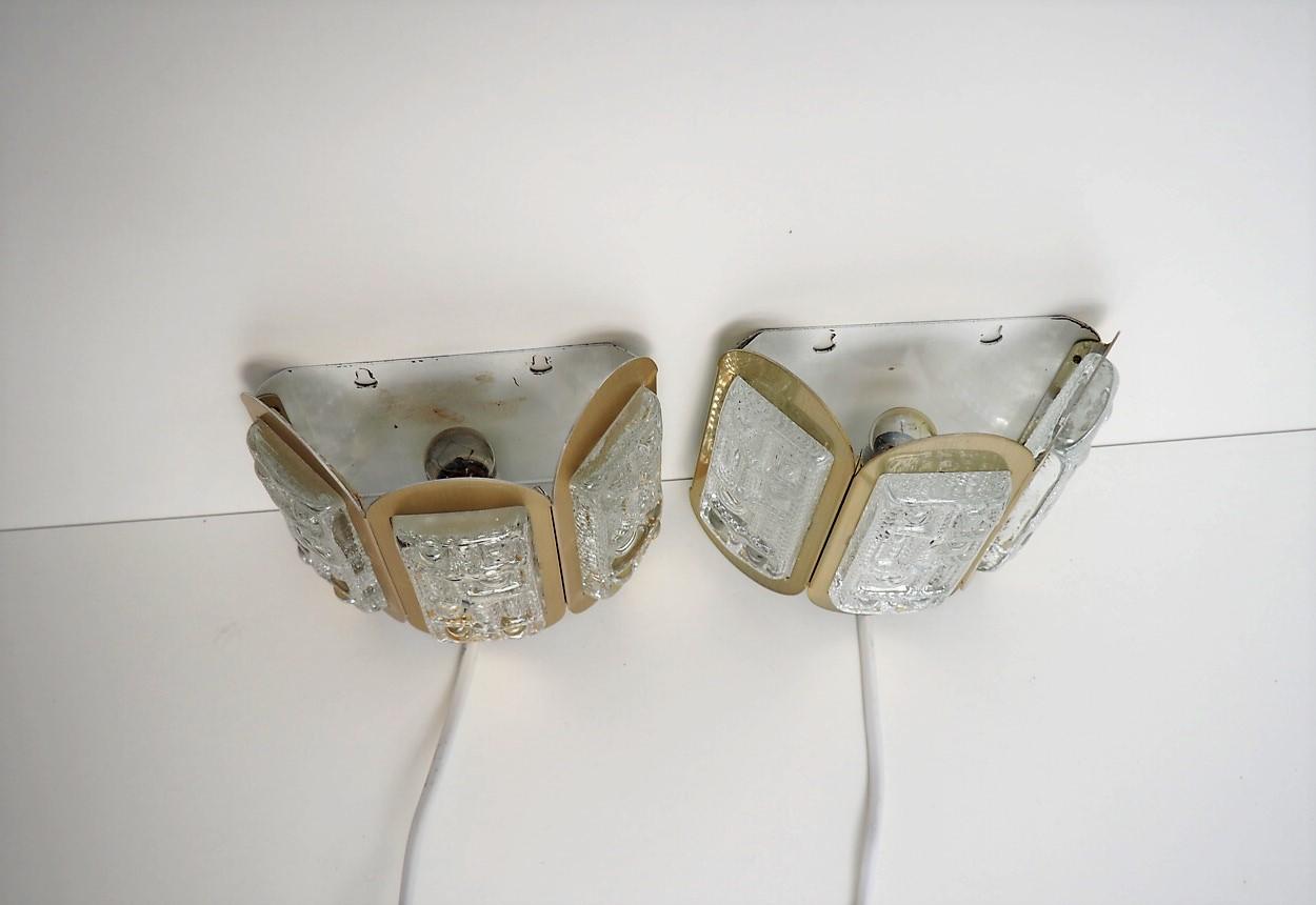 Aluminum Danish Mid-Century Brass Sconces with Glass Pieces Made by Vitrika, 1960s For Sale