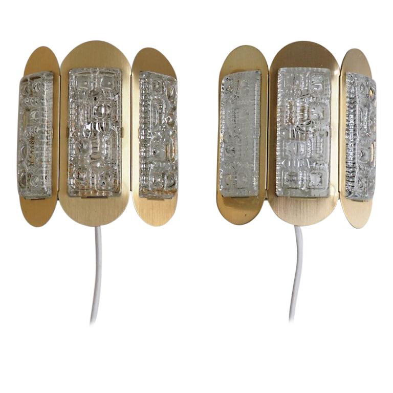 Danish Mid-Century Brass Sconces with Glass Pieces Made by Vitrika, 1960s For Sale