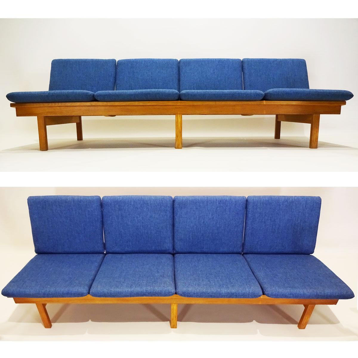 Fabric Danish Midcentury Børge Mogensen 4 Seater Oak Bench Sofa and Two Armchairs For Sale