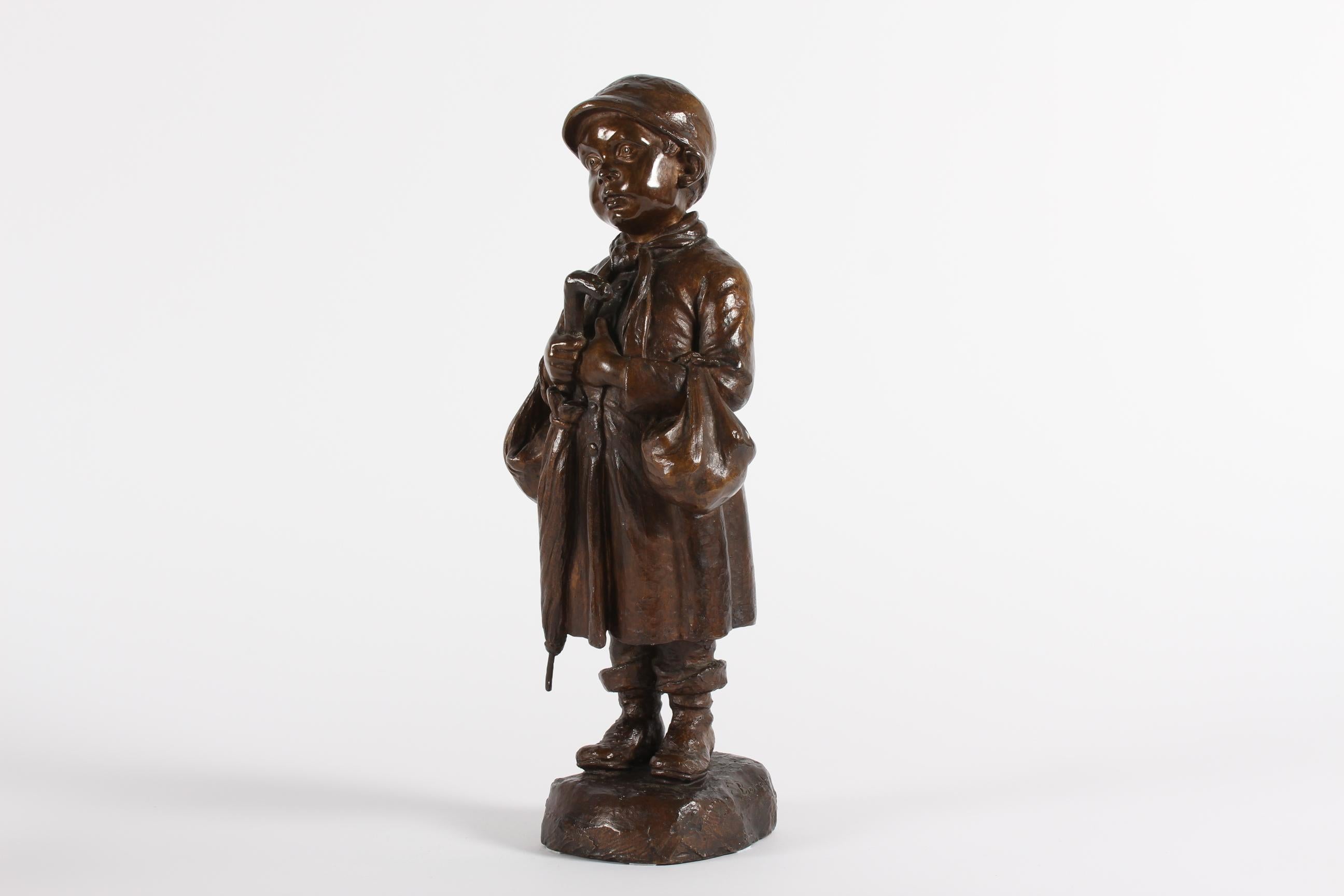 Mid-Century Modern Elna Borch - Grande figurine danoise en bronze représentant un jeune garçon avec un parapluie, années 1950