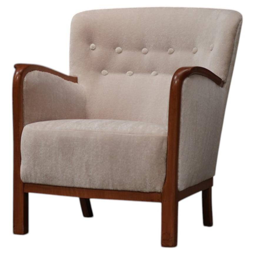 Danish Mid Century Armchair with Oak Frame and Mohair Upholstery