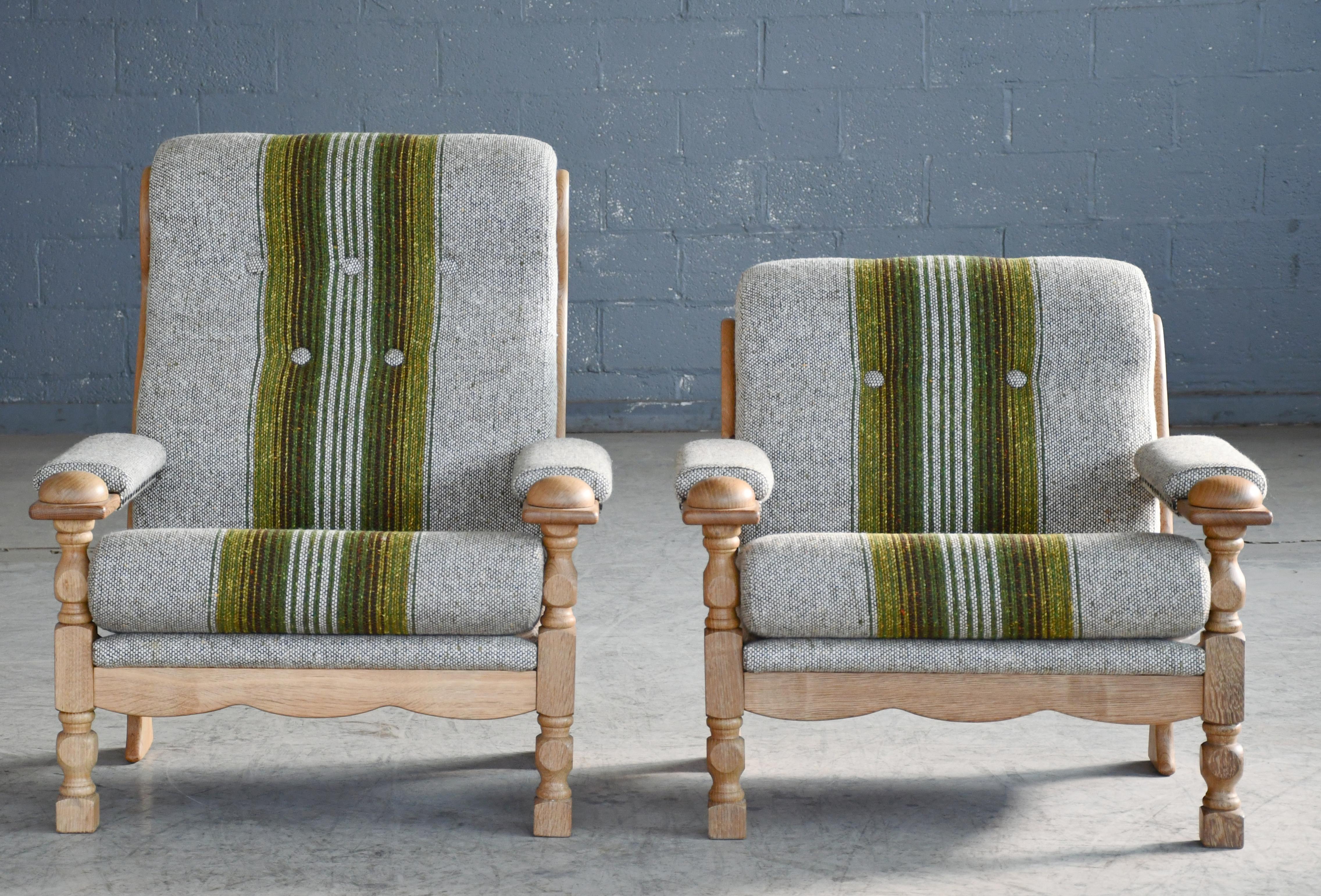 Scandinavian Modern Danish Mid-Century Carved Oak Easy Chairs in Oak by Henry Kjaernulf, 1960's